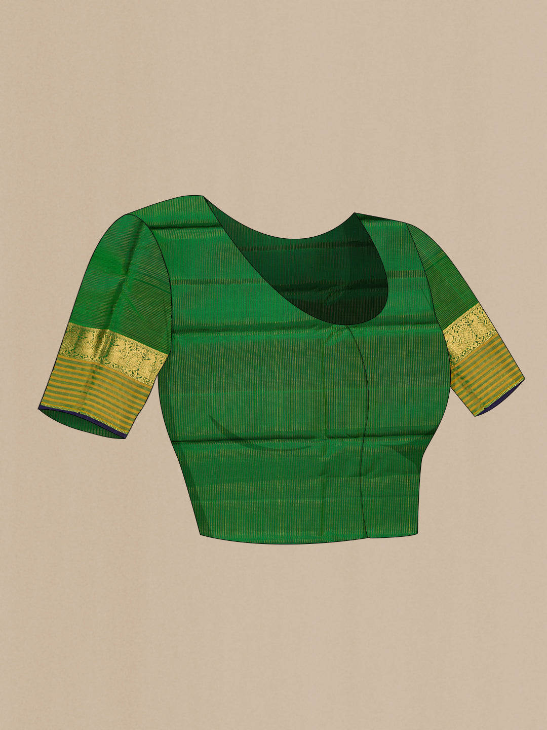 Close up image of the blouse of Green Dual Tone Kanjivaram Silk Saree with Stripes on the body and Zari Border. 