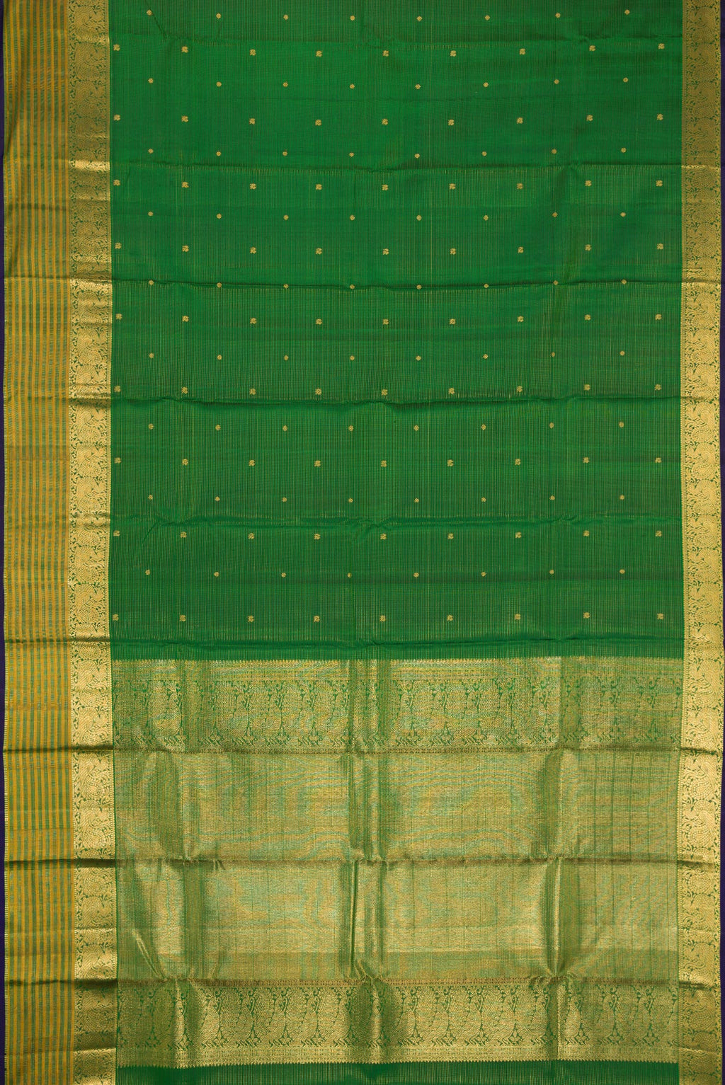 Flat view of Green Dual Tone Kanjivaram Silk Saree with Stripes on the body and Zari Border. 