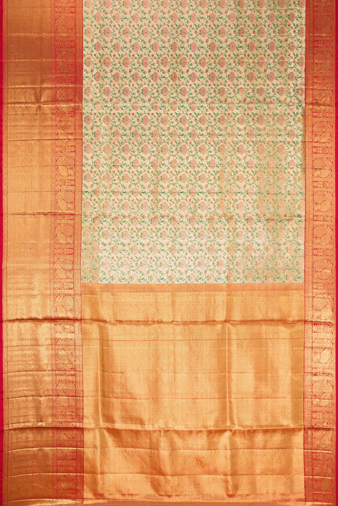 Flat view of Gold Dual Tone Kanjivaram Tissue Silk Saree with Zari Brocade on the body and Zari Border. 