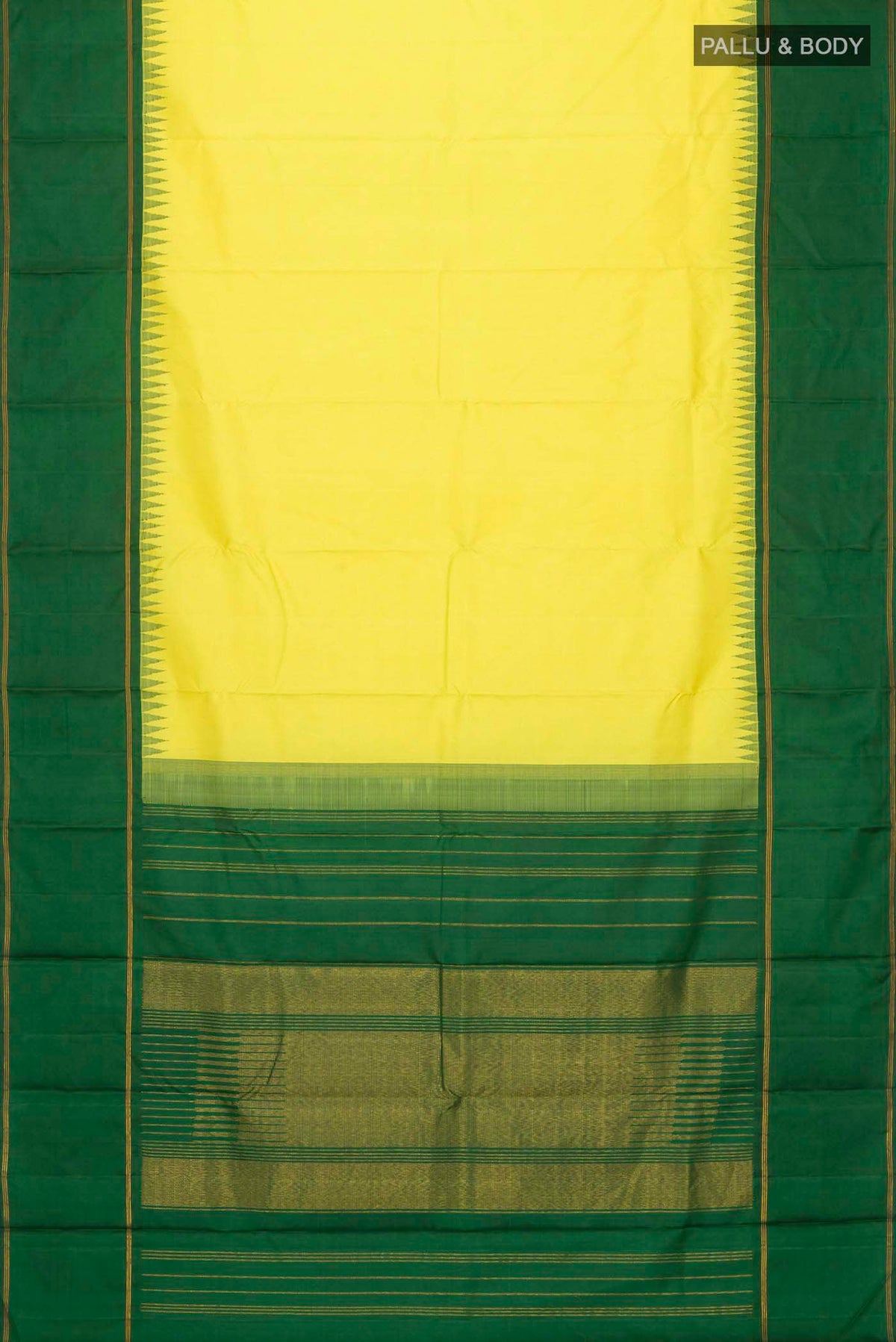 Flat view of Yellow Kanchipuram Silk Saree with Plain Body and Zari Border