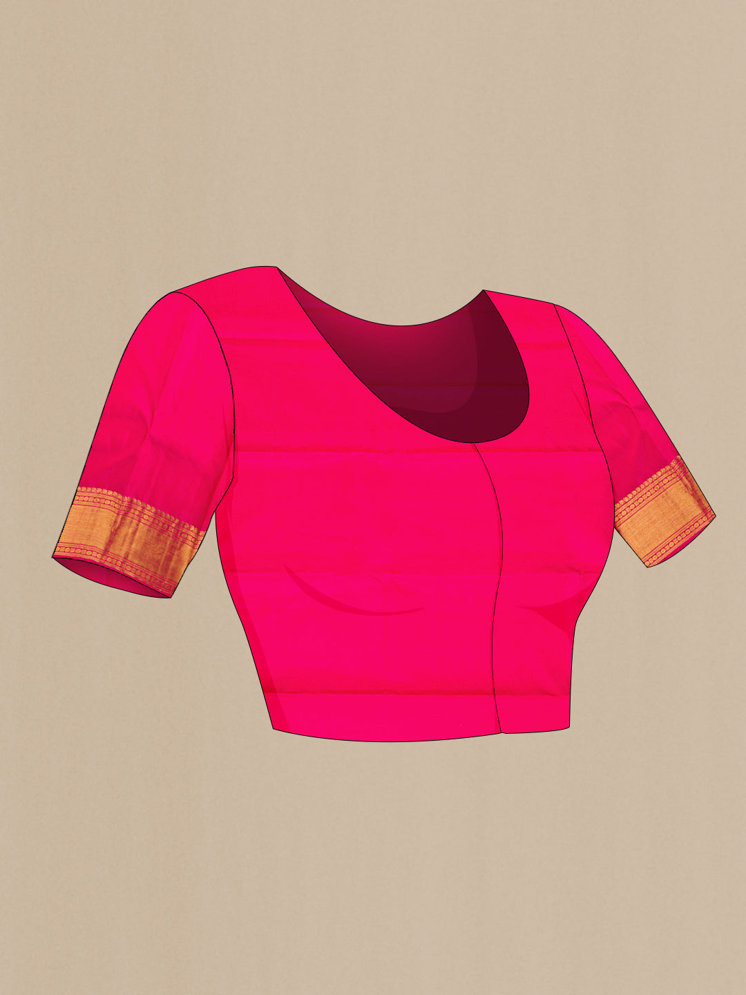 Close up image of the blouse of Pure Silk Pure Zari Pink Dual Tone Kanjivaram Saree with Zari Brocade on the body and Zari Border. 