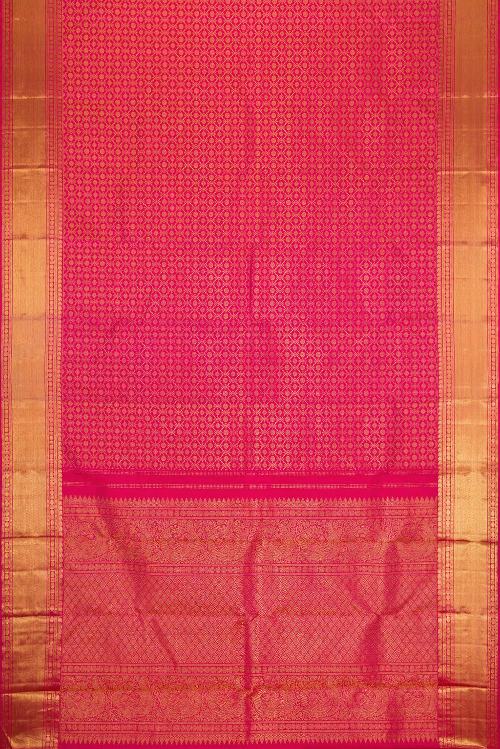 Flat view of Pure Silk Pure Zari Pink Dual Tone Kanjivaram Saree with Zari Brocade on the body and Zari Border. 