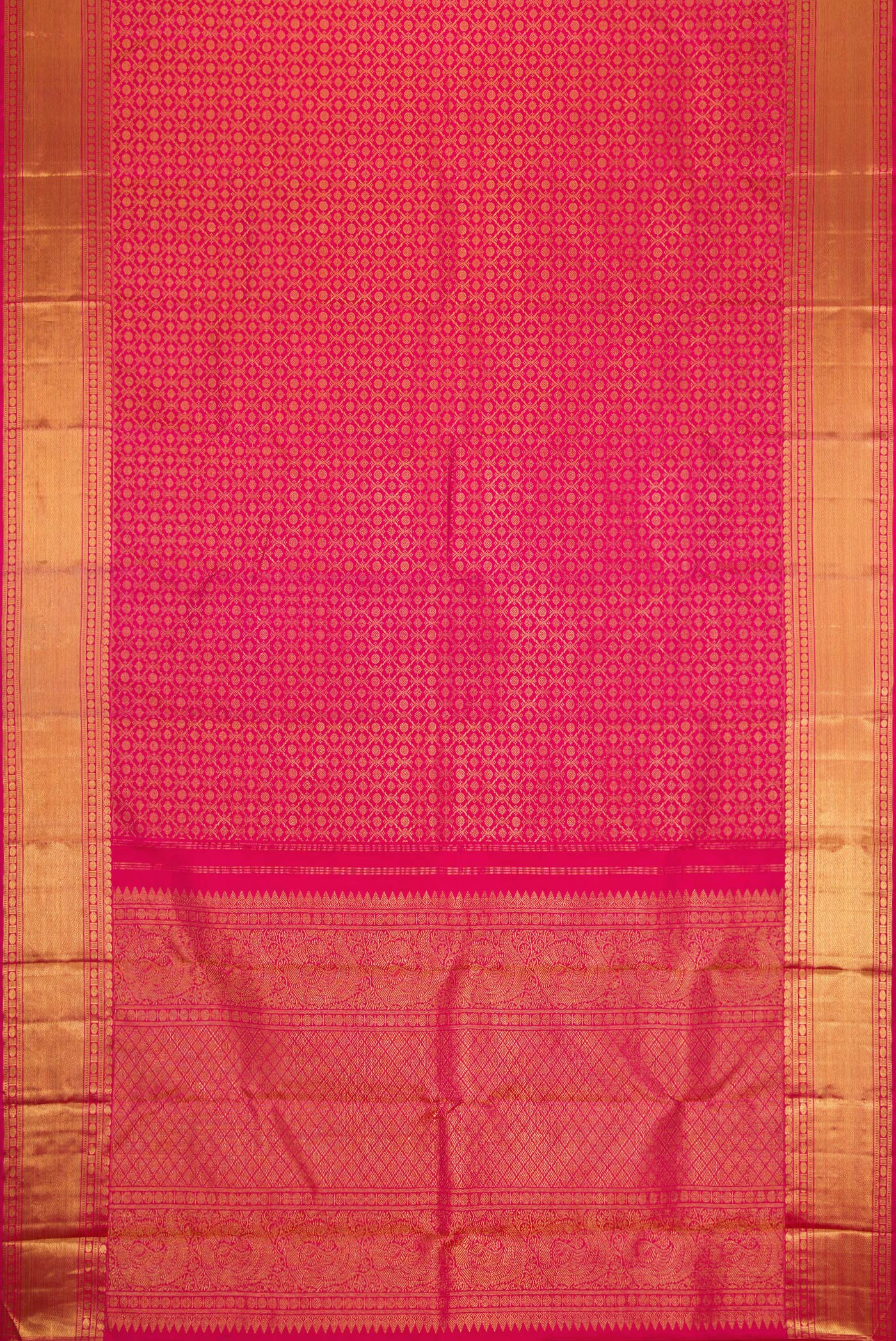 Flat view of Pure Silk Pure Zari Pink Dual Tone Kanjivaram Saree with Zari Brocade on the body and Zari Border. 