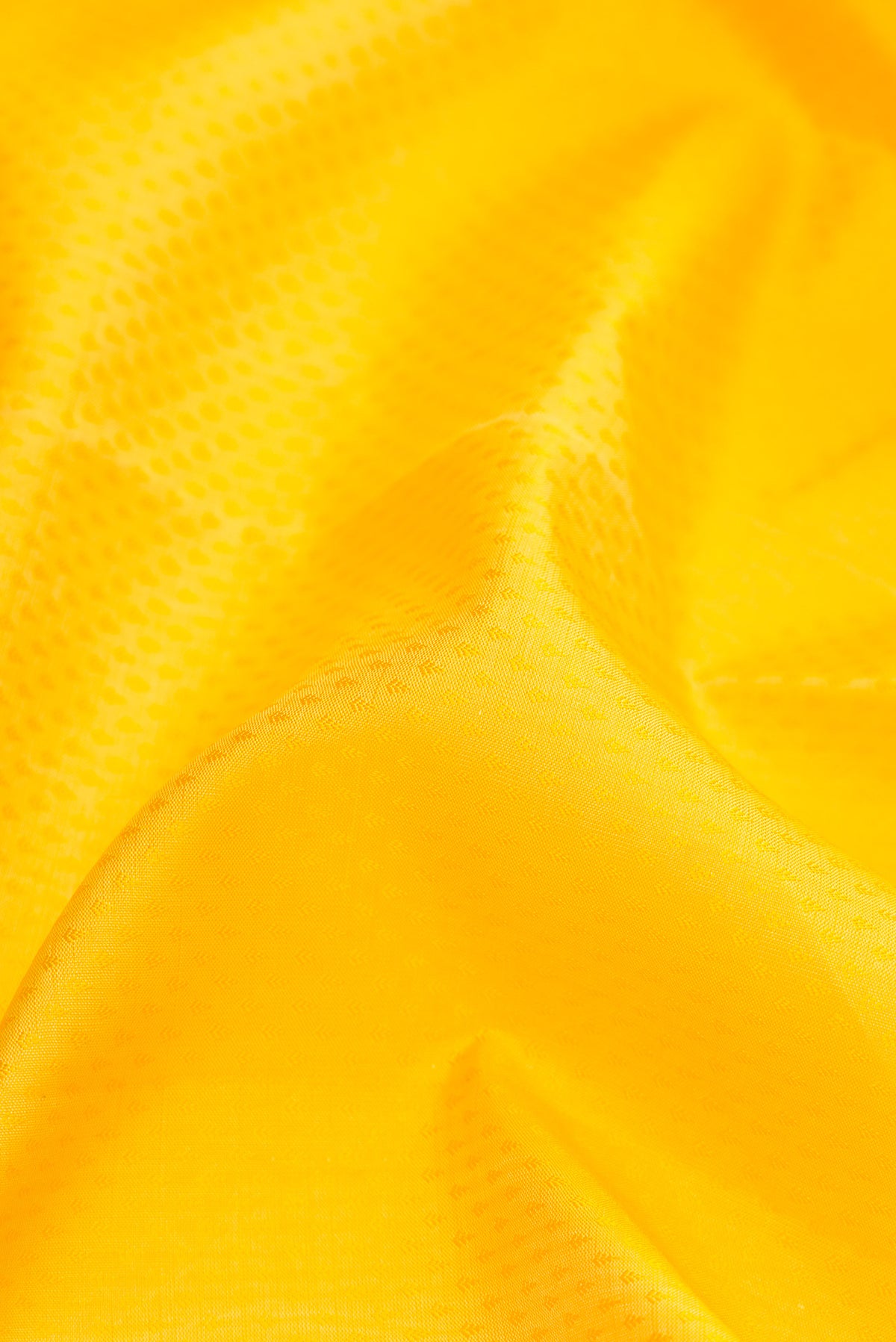Close up of Yellow Dual Tone Kanjivaram Silk Saree with Jacquard design on the body and Zari Border.  displaying folds