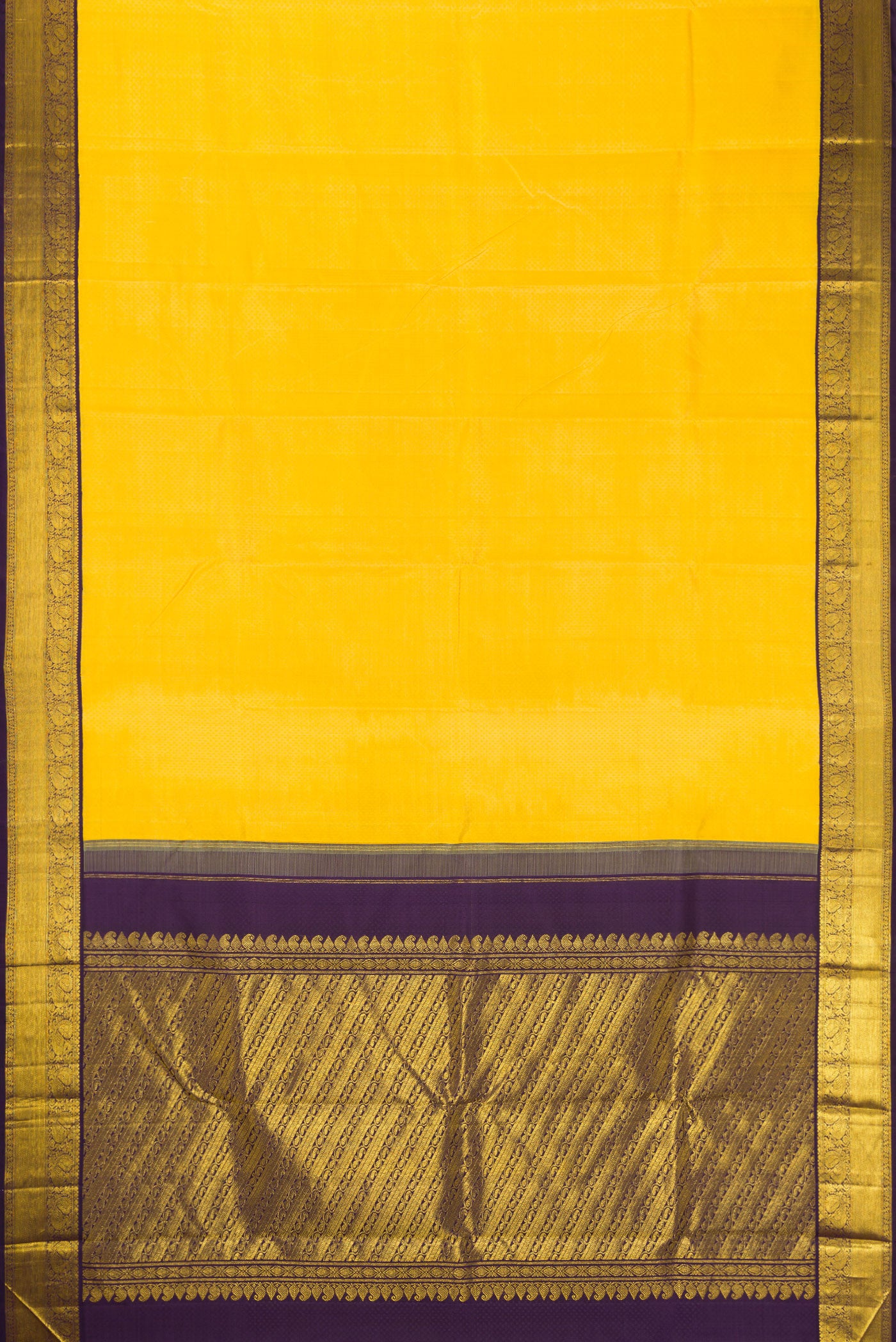 Flat view of Yellow Dual Tone Kanjivaram Silk Saree with Jacquard design on the body and Zari Border. 