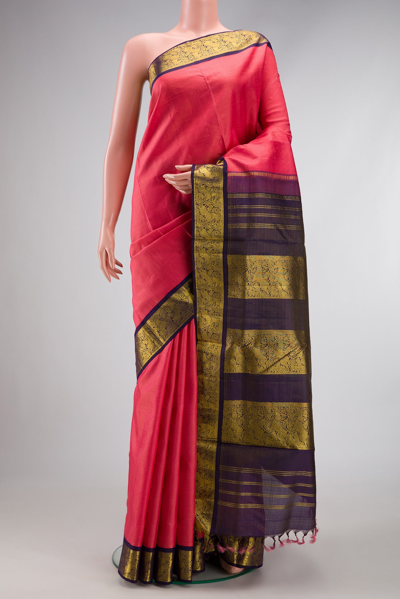 Pure Silk Pure Zari Pink Dual Tone Kanchipuram Nine Yards Saree with Stripes on the body and Zari Border.  displayed on a mannequin