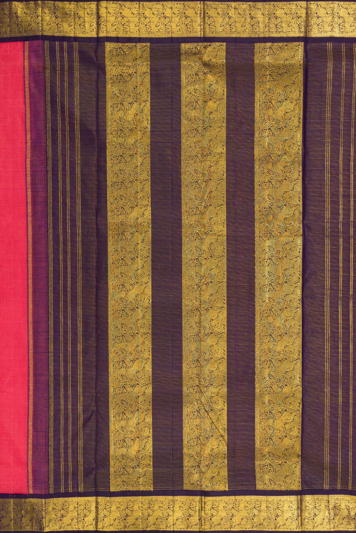 Close up image of the pallu of Pure Silk Pure Zari Pink Dual Tone Kanchipuram Nine Yards Saree with Stripes on the body and Zari Border. 