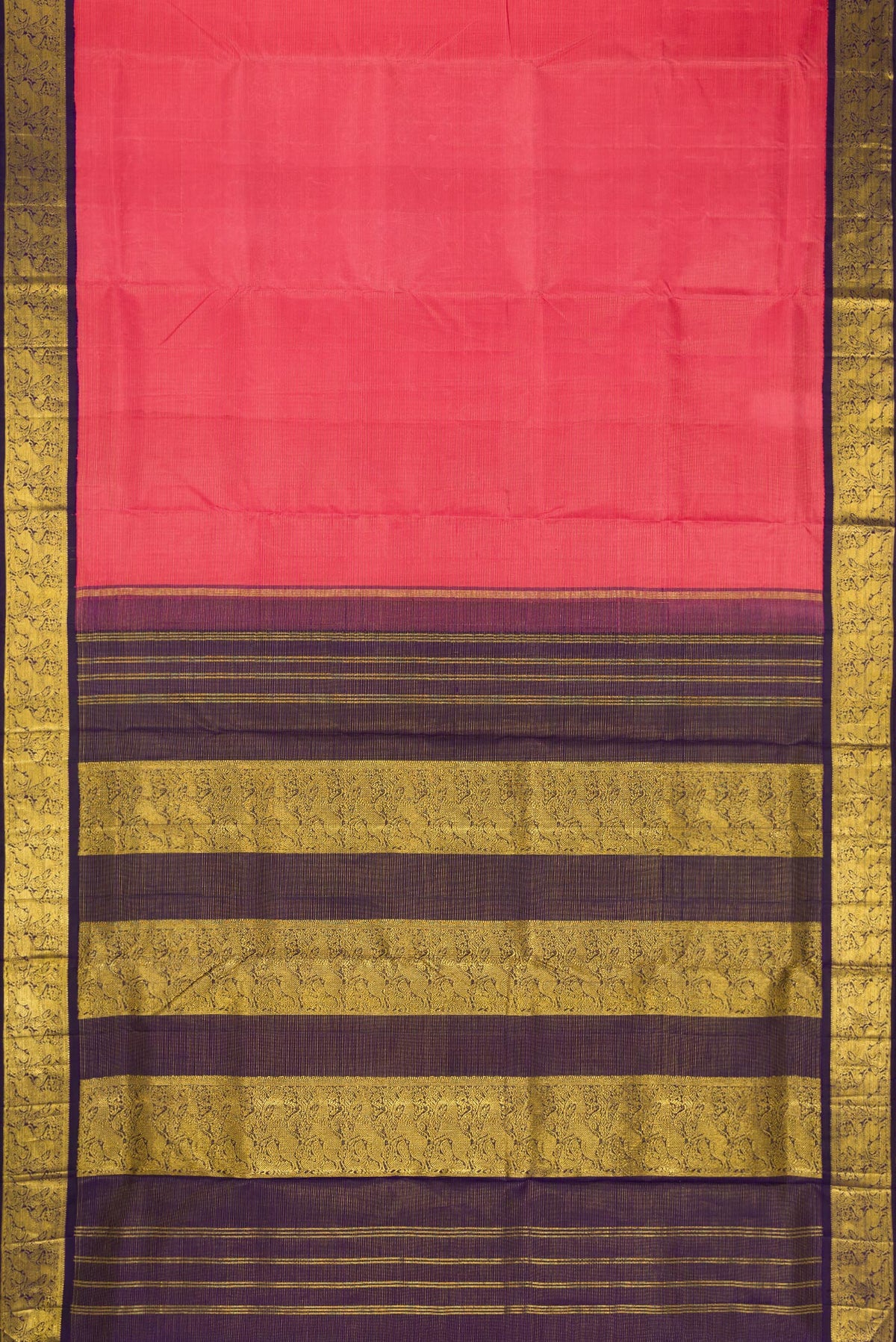 Flat view of Pure Silk Pure Zari Pink Dual Tone Kanchipuram Nine Yards Saree with Stripes on the body and Zari Border. 
