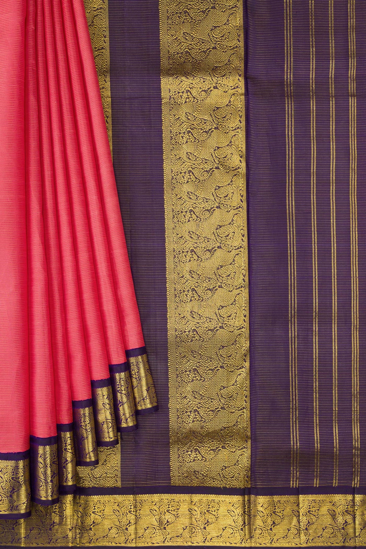 Pleats and pallu of Pure Silk Pure Zari Pink Dual Tone Kanchipuram Nine Yards Saree with Stripes on the body and Zari Border. 
