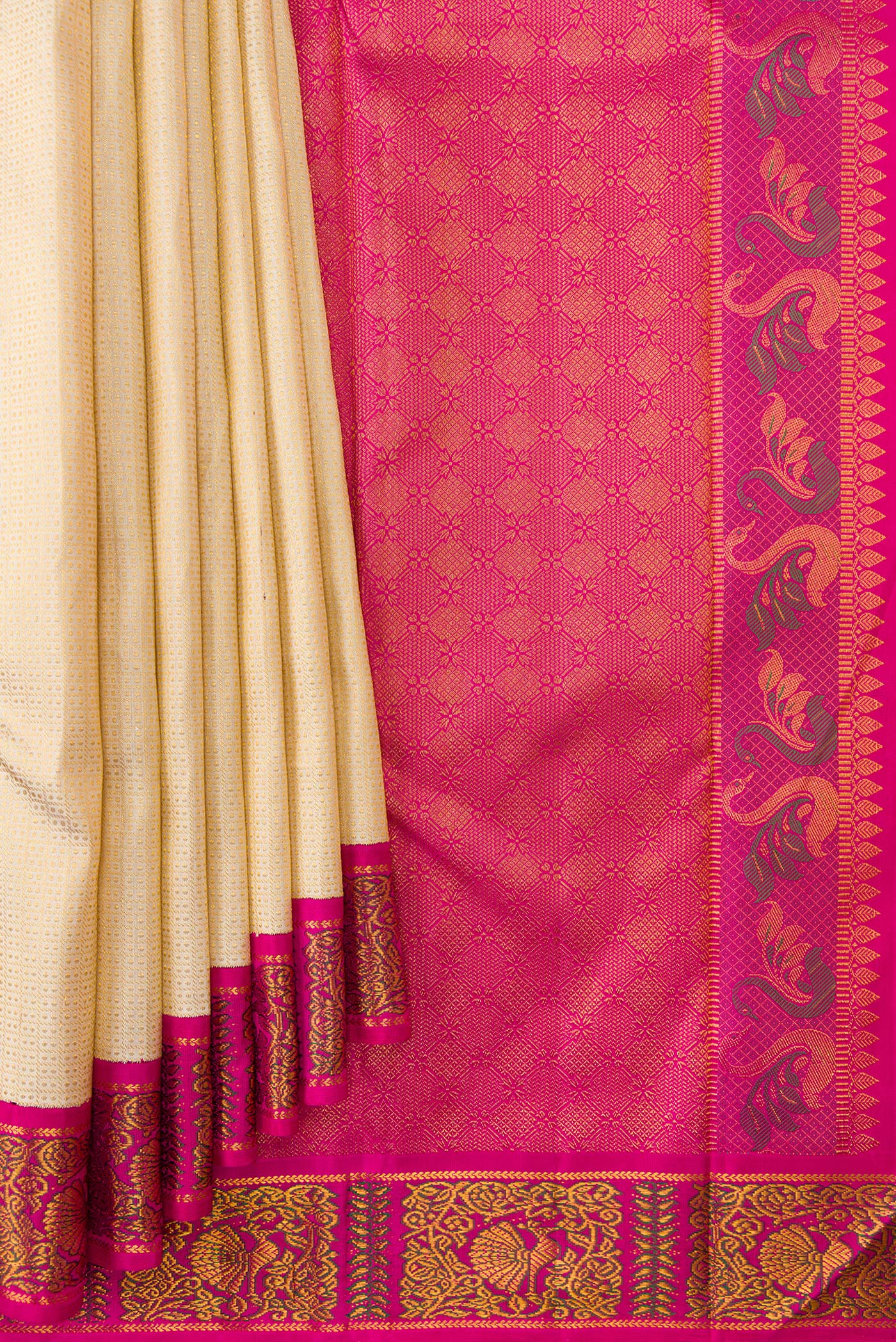 Pleats and pallu of Sandal Dual Tone Kanchipuram Silk Saree with Zari Brocade on the body and Fancy Border. 