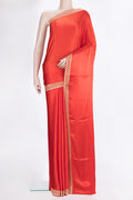 Brick Orange Crepe Saree with Plain Body and Sequin Border.  displayed on a mannequin