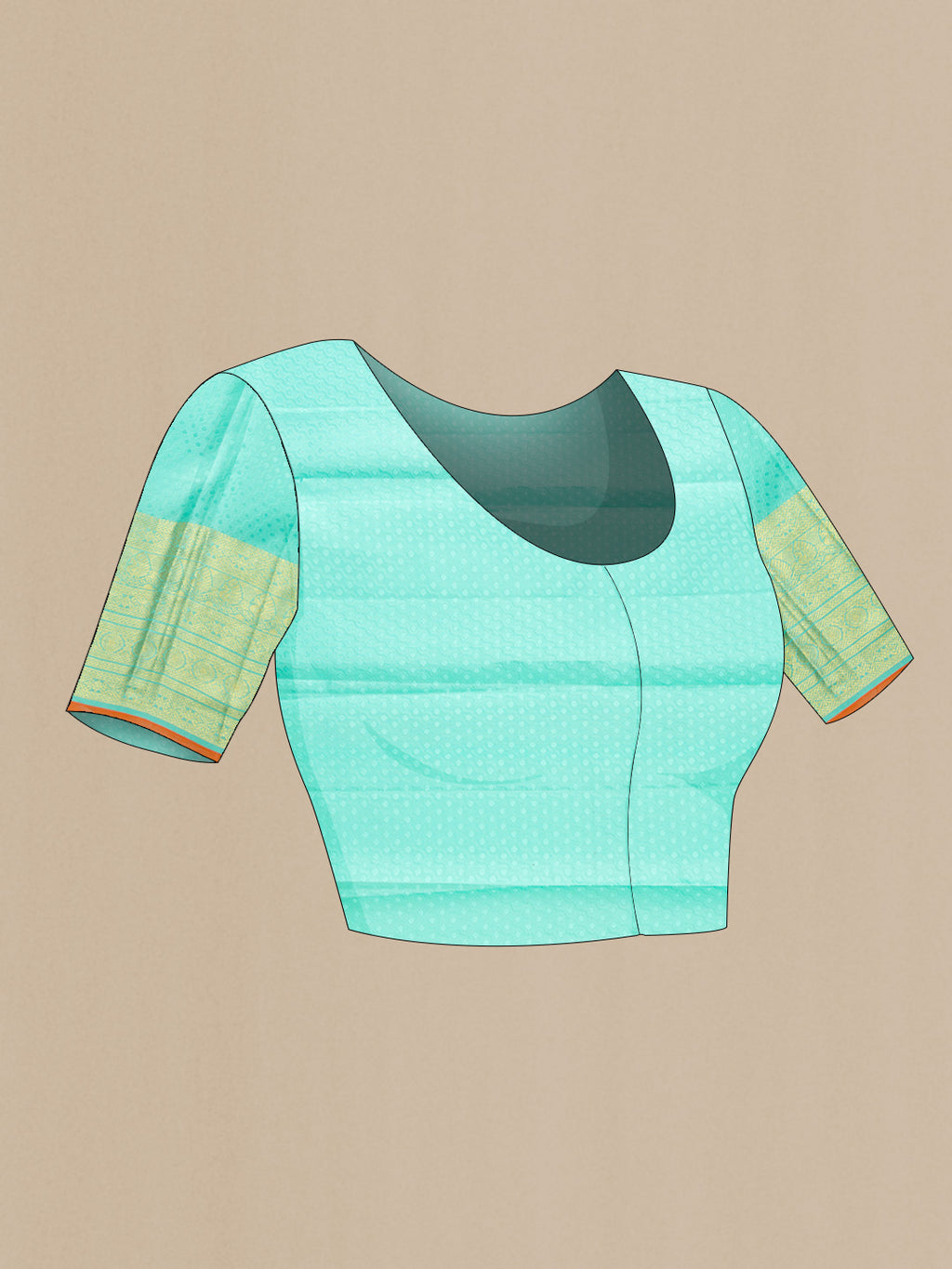 Close up image of the blouse of Sea Green Dual Tone Kanchipuram Silk Saree with Zari Brocade on the body and Zari Border