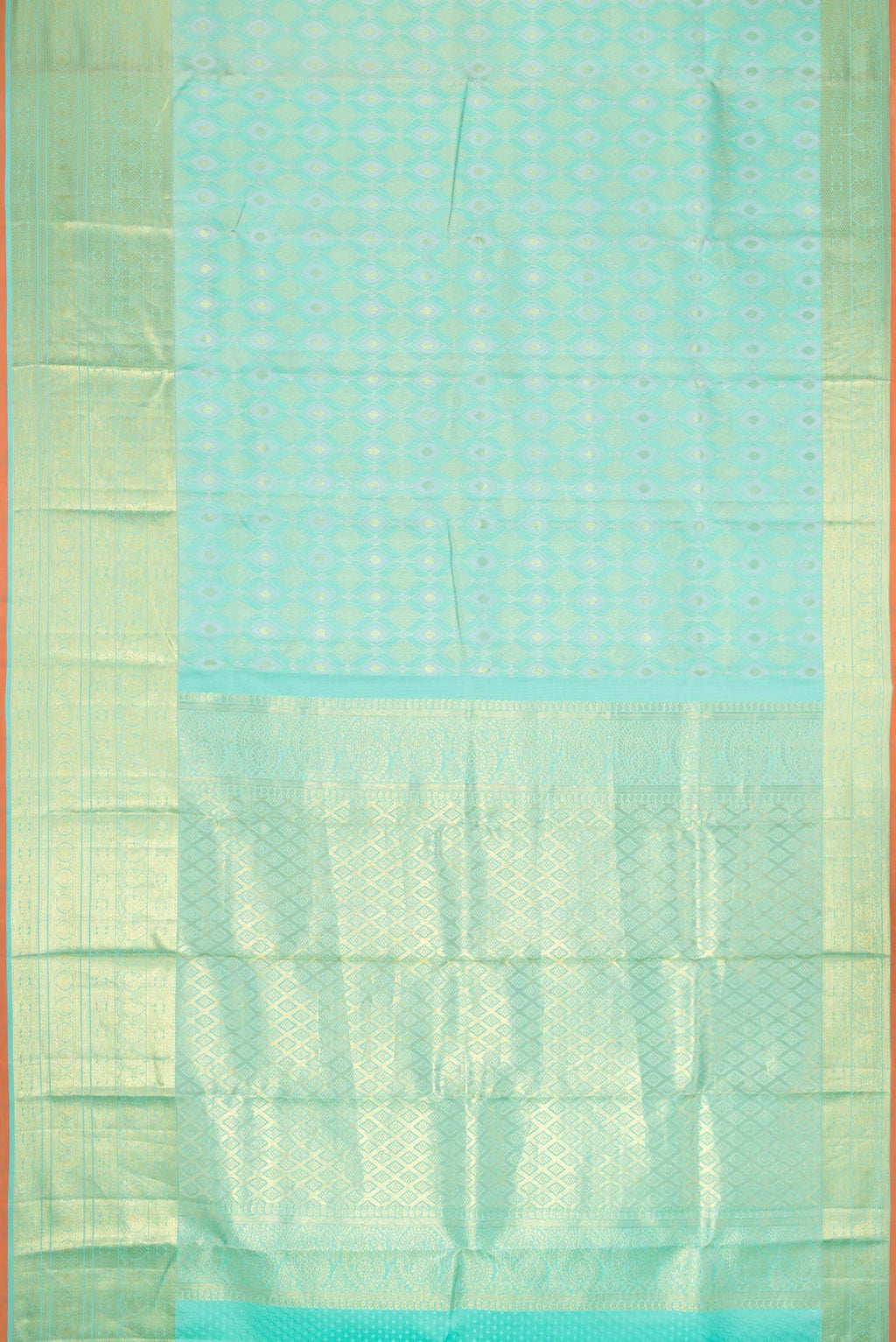 Flat view of Sea Green Dual Tone Kanchipuram Silk Saree with Zari Brocade on the body and Zari Border