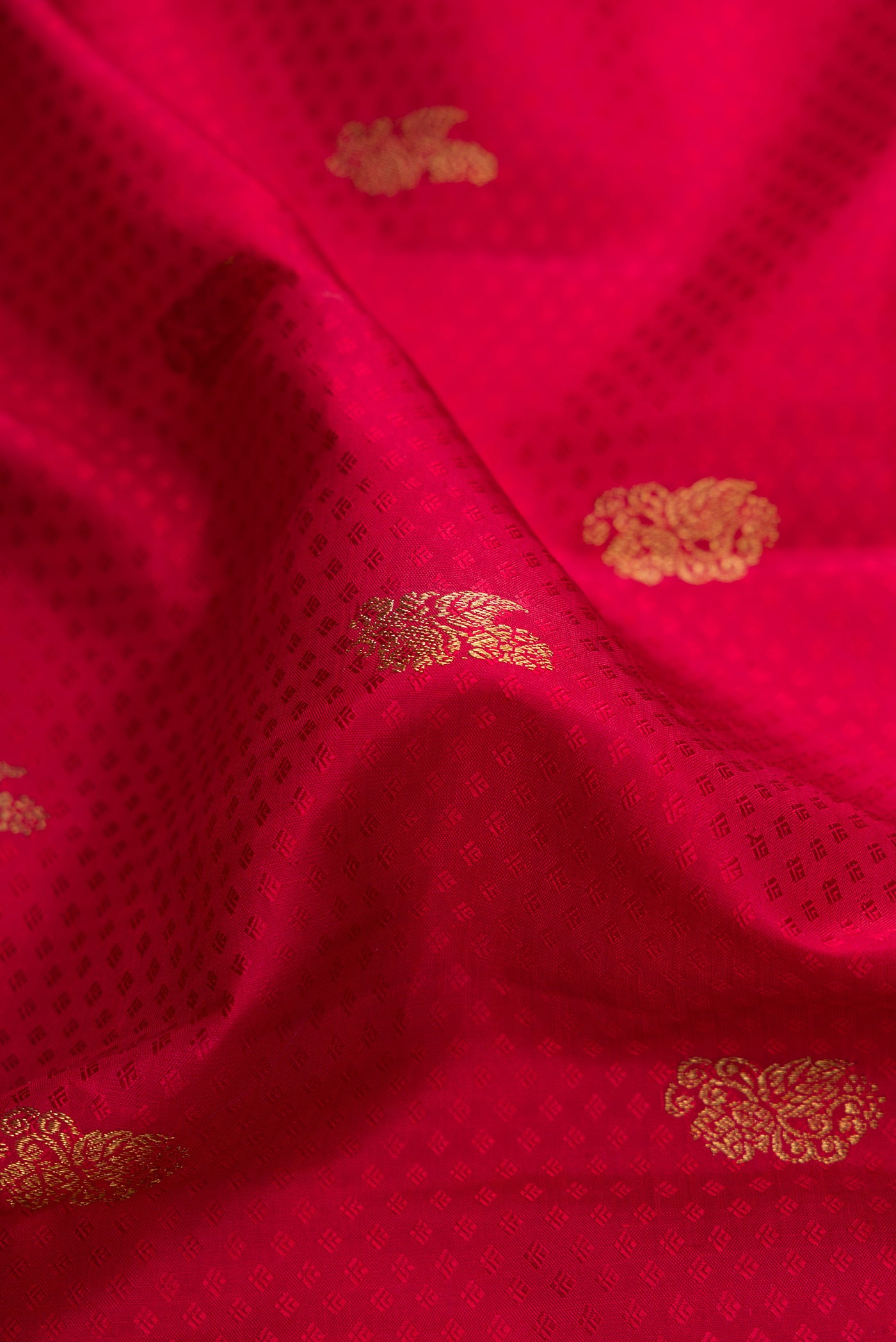Close up of Pure Silk Pure Zari Red Dual Tone Kanjivaram Saree with Jacquard design on the body and Zari Border.  displaying folds