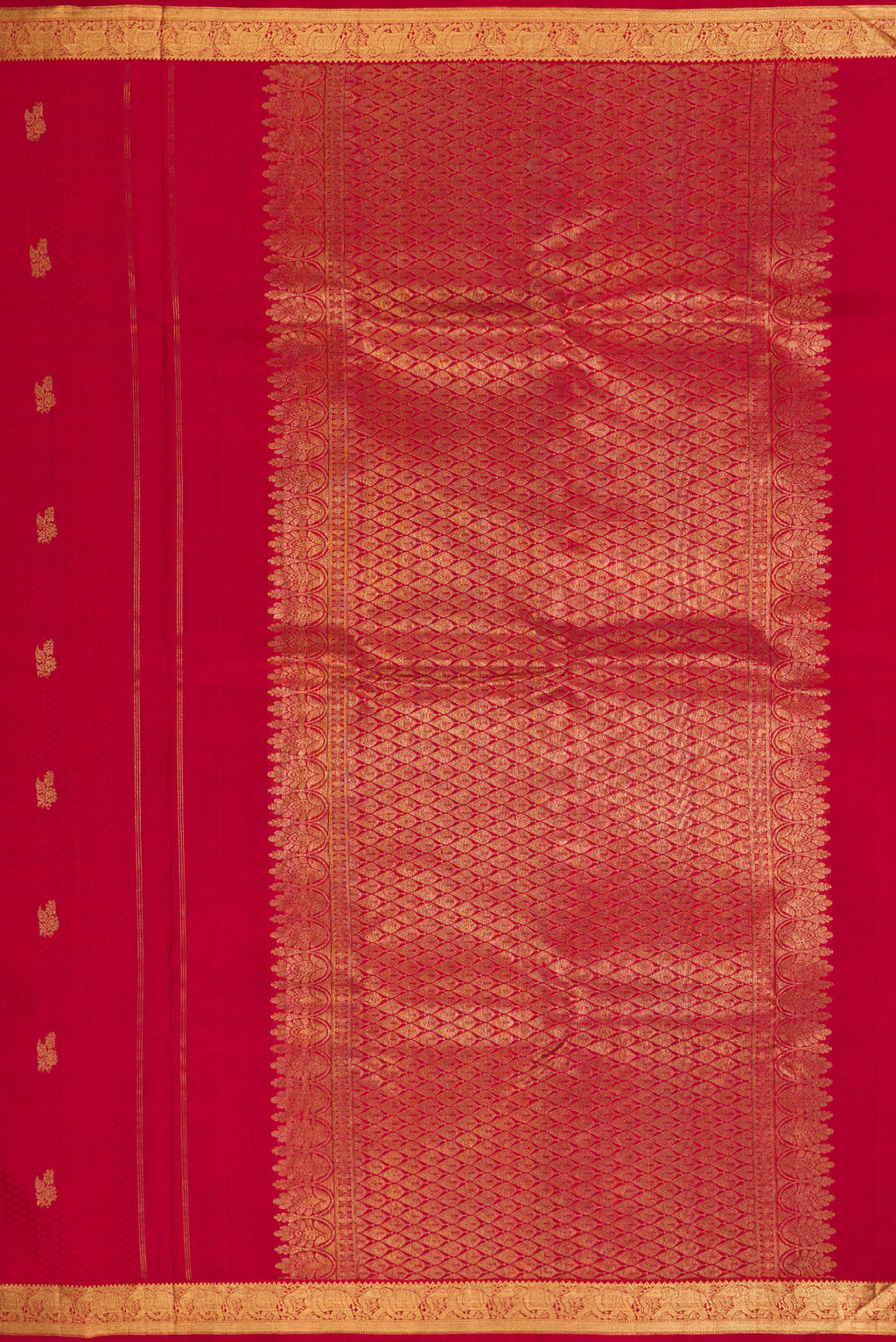 Close up image of the pallu of Pure Silk Pure Zari Red Dual Tone Kanjivaram Saree with Jacquard design on the body and Zari Border. 
