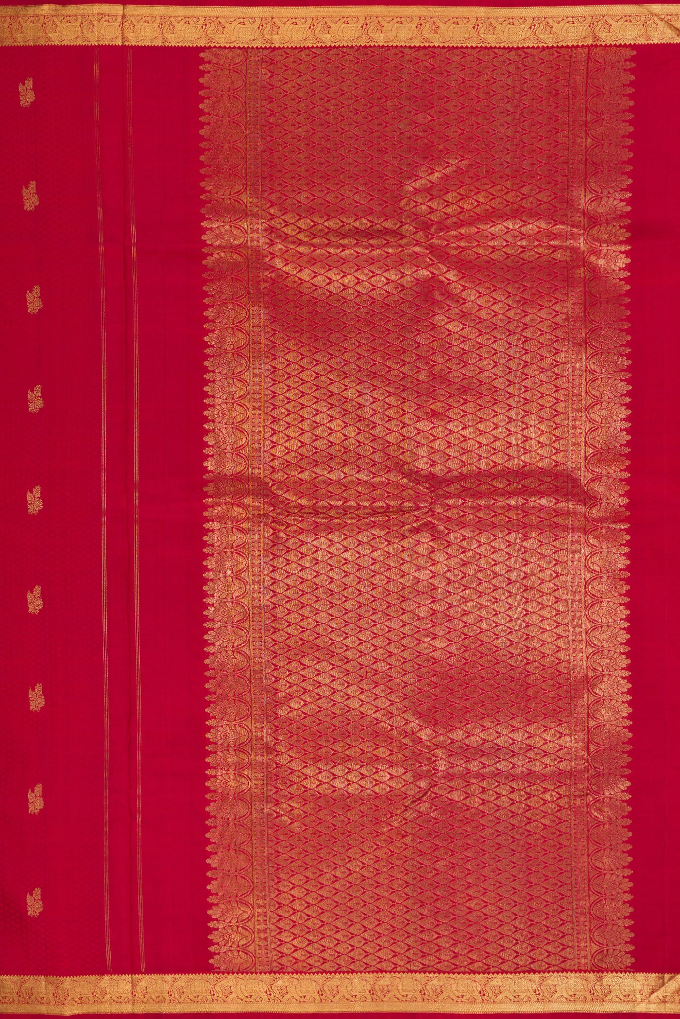 Close up image of the pallu of Pure Silk Pure Zari Red Dual Tone Kanjivaram Saree with Jacquard design on the body and Zari Border. 
