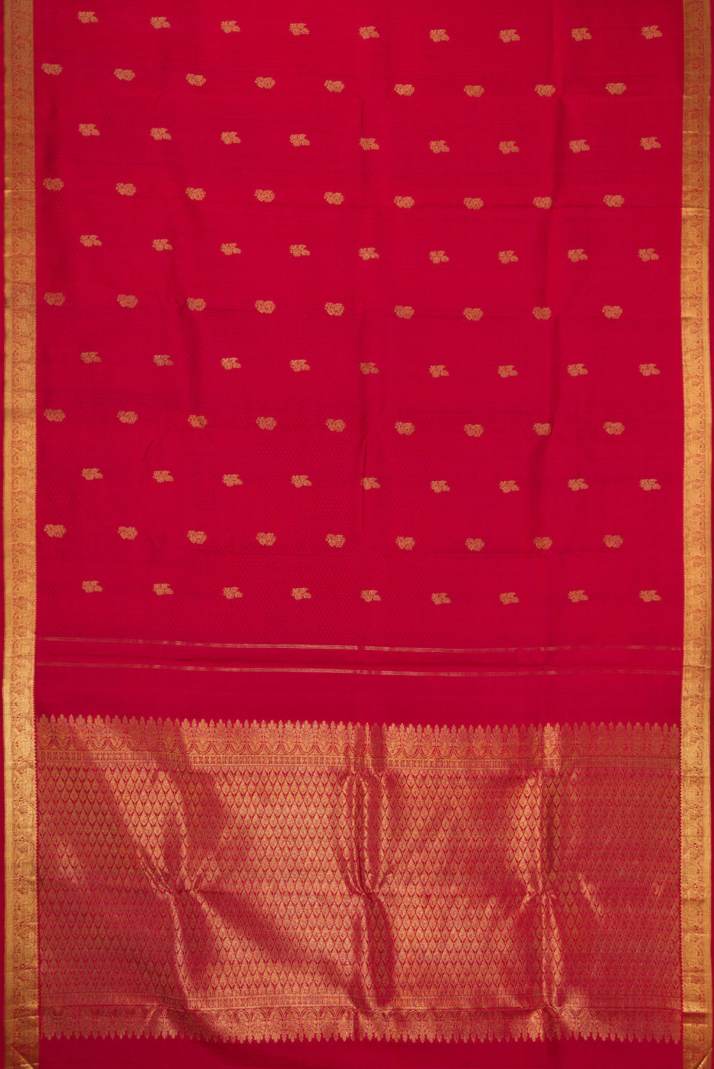 Flat view of Pure Silk Pure Zari Red Dual Tone Kanjivaram Saree with Jacquard design on the body and Zari Border. 
