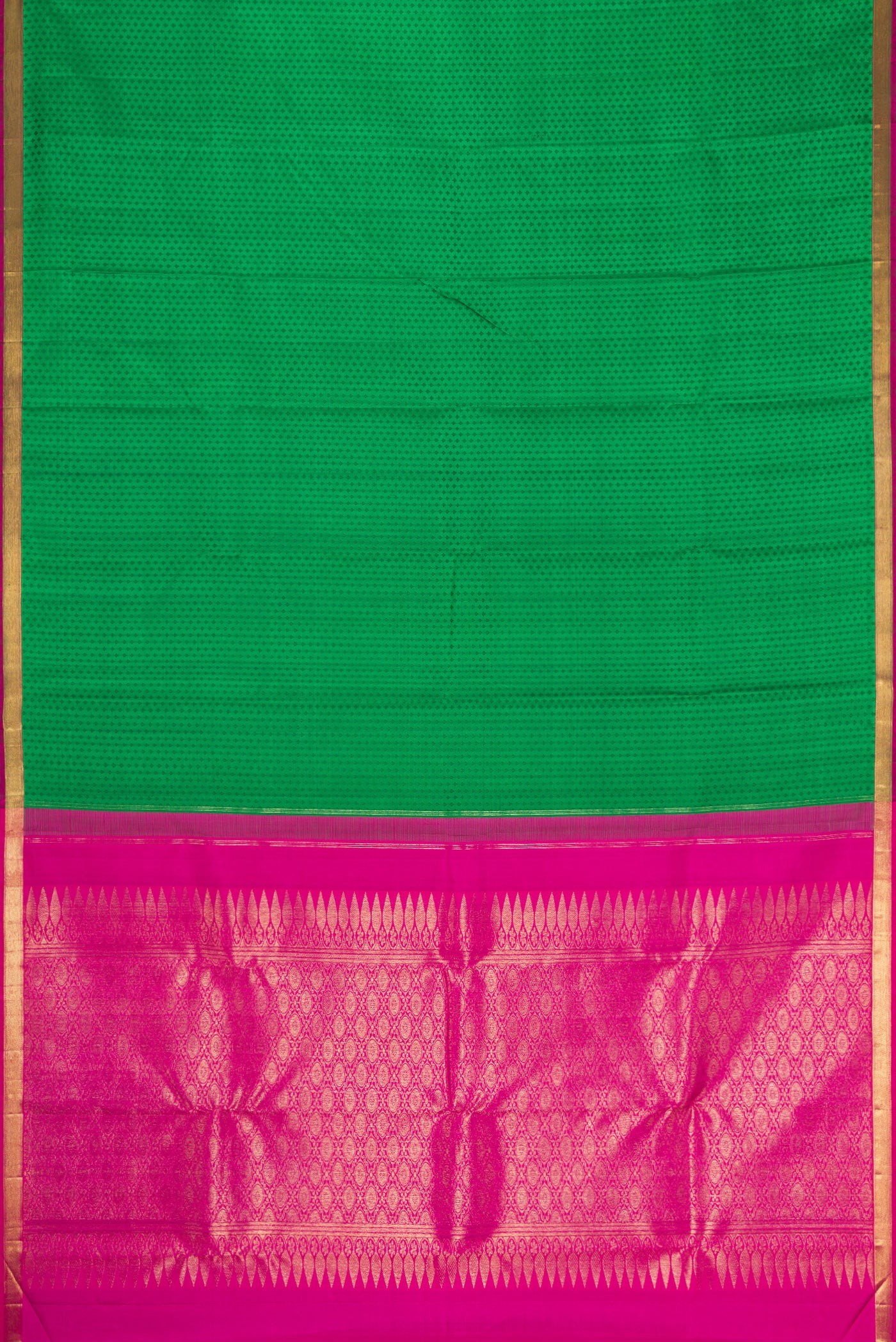 Flat view of Green Dual Tone Kanchipuram Silk Saree with Jacquard design on the body and Zari Border. 