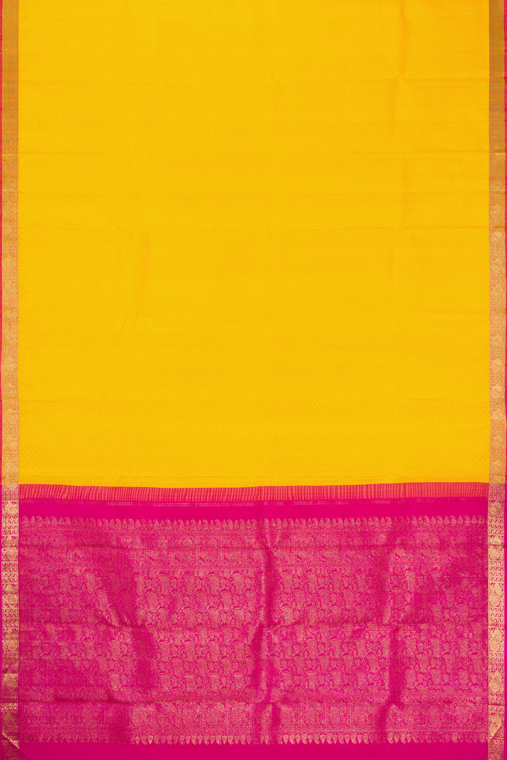 Flat view of Yellow Dual Tone Kanjivaram Silk Saree with Jacquard design on the body and Zari Border. 