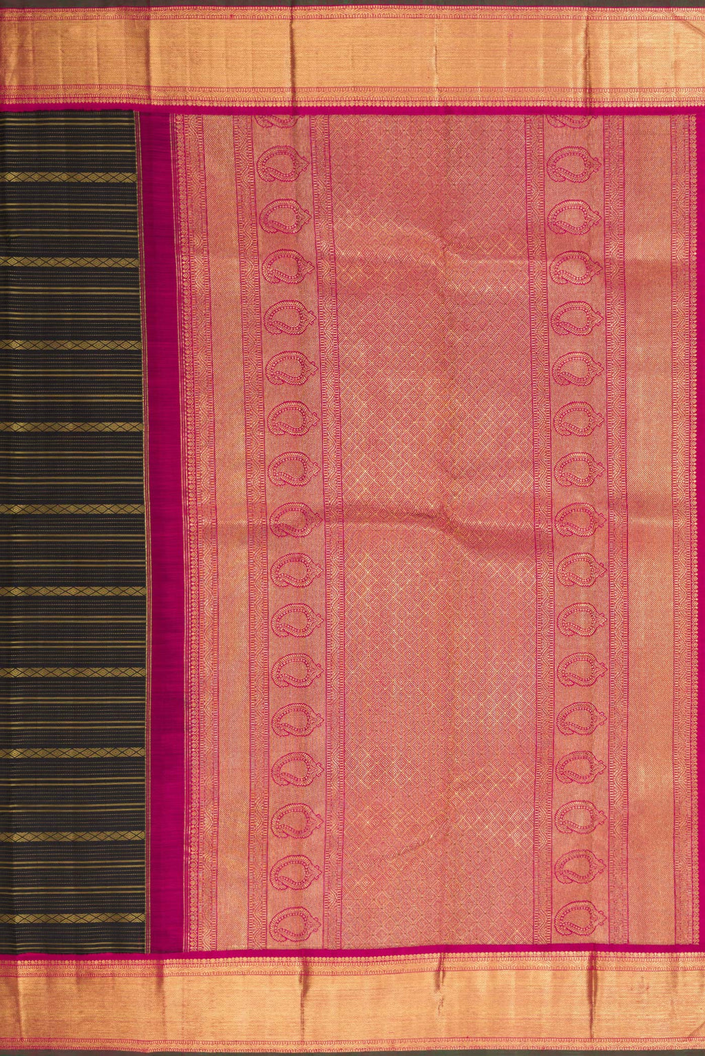 Close up image of the pallu of Pure Silk Pure Zari Black Dual Tone Kanjivaram Saree with Stripes on the body and Zari Border. 
