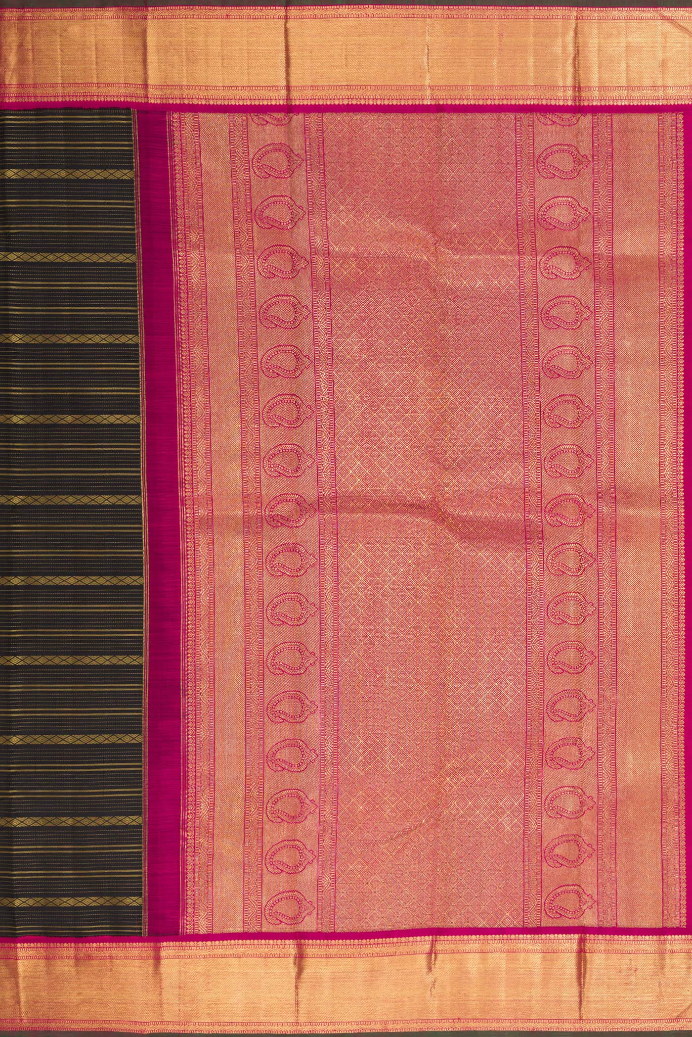 Close up image of the pallu of Pure Silk Pure Zari Black Dual Tone Kanjivaram Saree with Stripes on the body and Zari Border. 