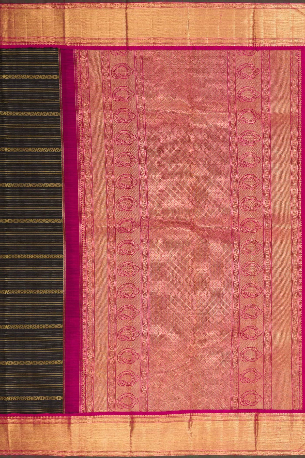 Close up image of the pallu of Pure Silk Pure Zari Black Dual Tone Kanjivaram Saree with Stripes on the body and Zari Border. 