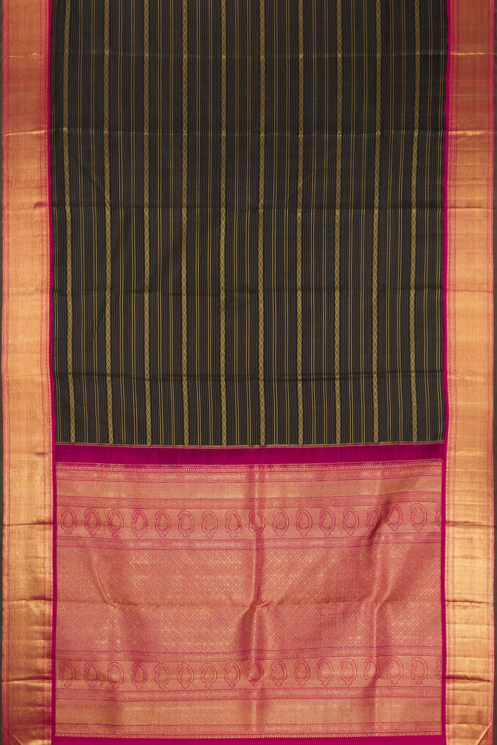 Flat view of Pure Silk Pure Zari Black Dual Tone Kanjivaram Saree with Stripes on the body and Zari Border. 