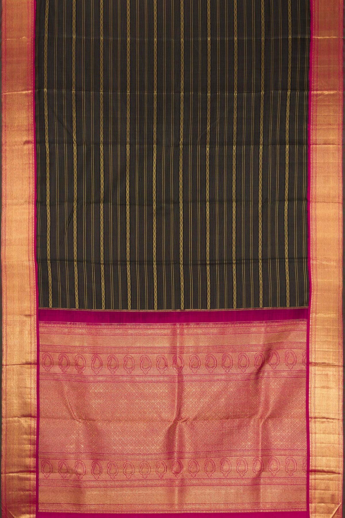 Flat view of Pure Silk Pure Zari Black Dual Tone Kanjivaram Saree with Stripes on the body and Zari Border. 