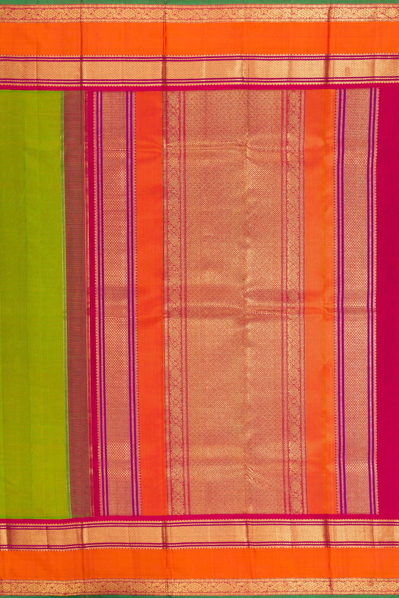Close up image of the pallu of Pure Silk Pure Zari Parrot Green Kanjivaram Saree with Stripes on the body and Zari Border. 