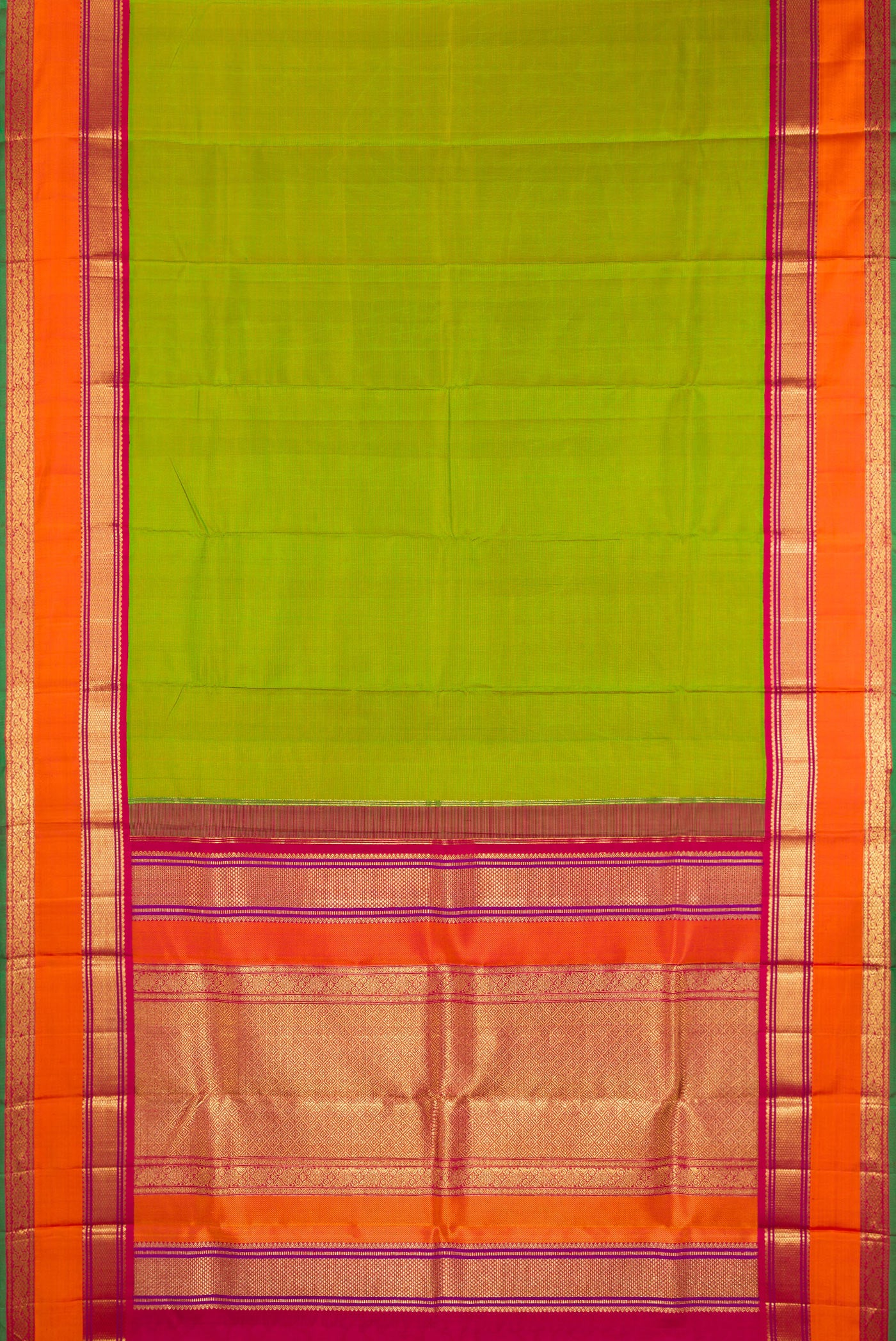 Flat view of Pure Silk Pure Zari Parrot Green Kanjivaram Saree with Stripes on the body and Zari Border. 