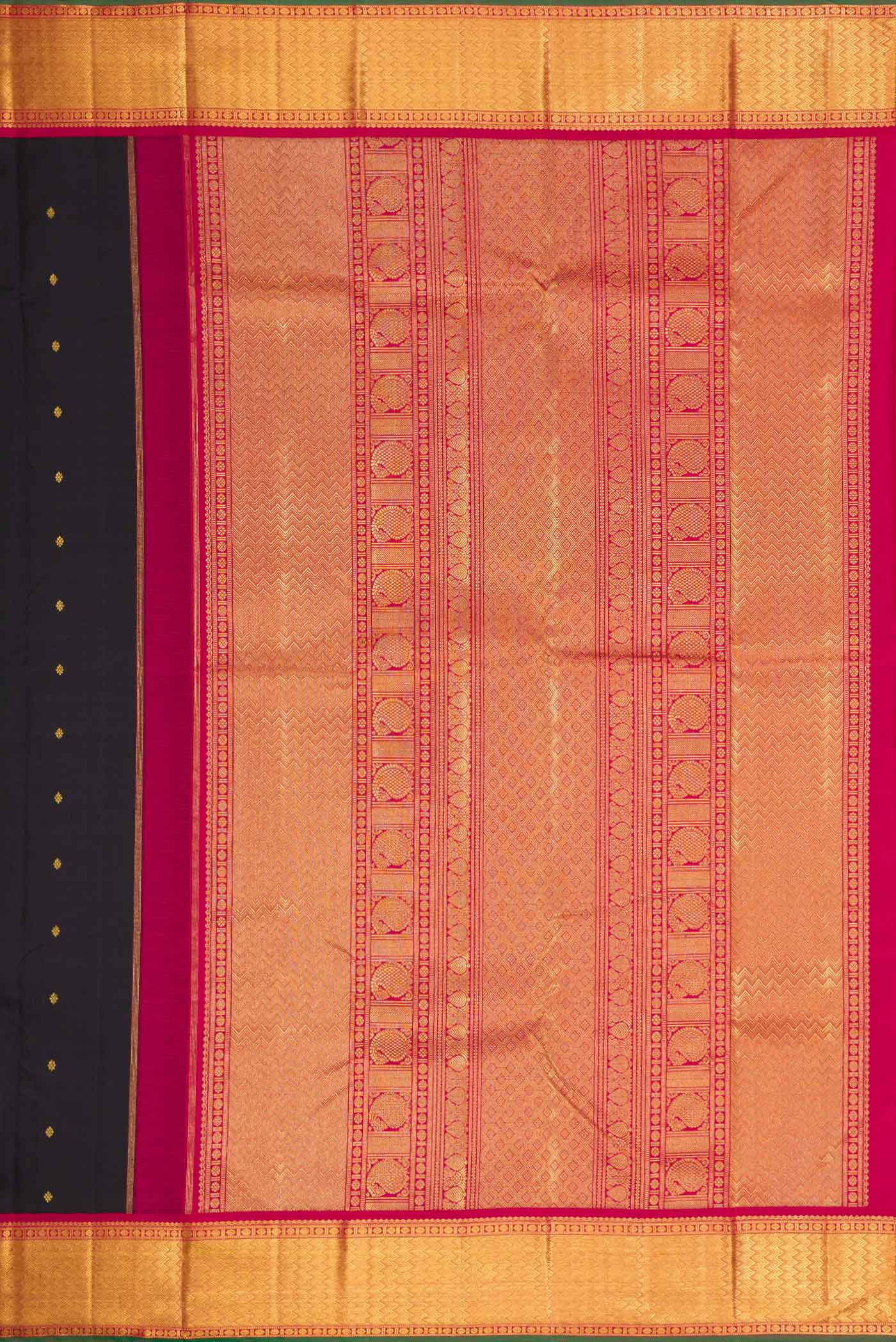 Close up image of the pallu of Pure Silk Pure Zari Black Dual Tone Kanchipuram Saree with Zari Butta on the body and Zari Border