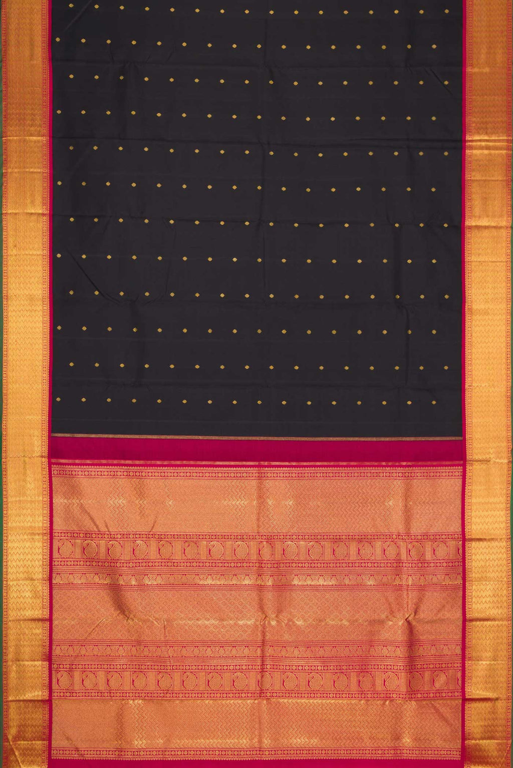 Flat view of Pure Silk Pure Zari Black Dual Tone Kanchipuram Saree with Zari Butta on the body and Zari Border