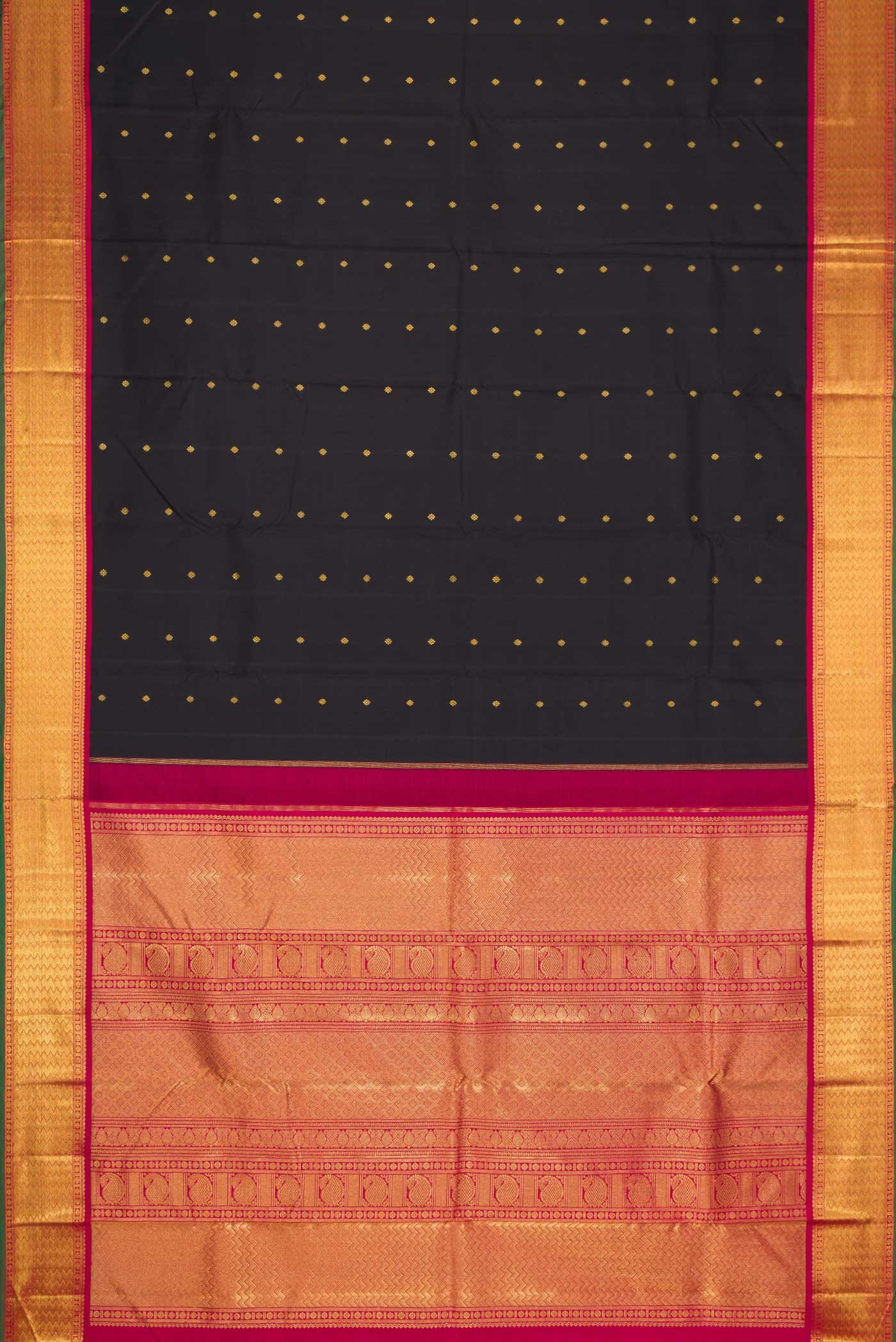 Flat view of Pure Silk Pure Zari Black Dual Tone Kanchipuram Saree with Zari Butta on the body and Zari Border
