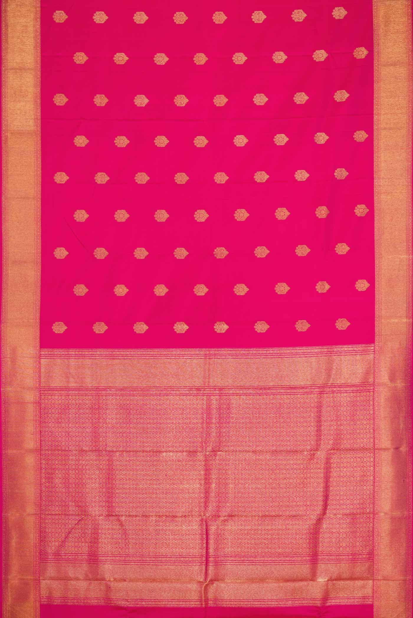 Flat view of Pure Silk Pure Zari Dark Pink Dual Tone Kanchipuram Saree with Zari Butta on the body and Zari Border