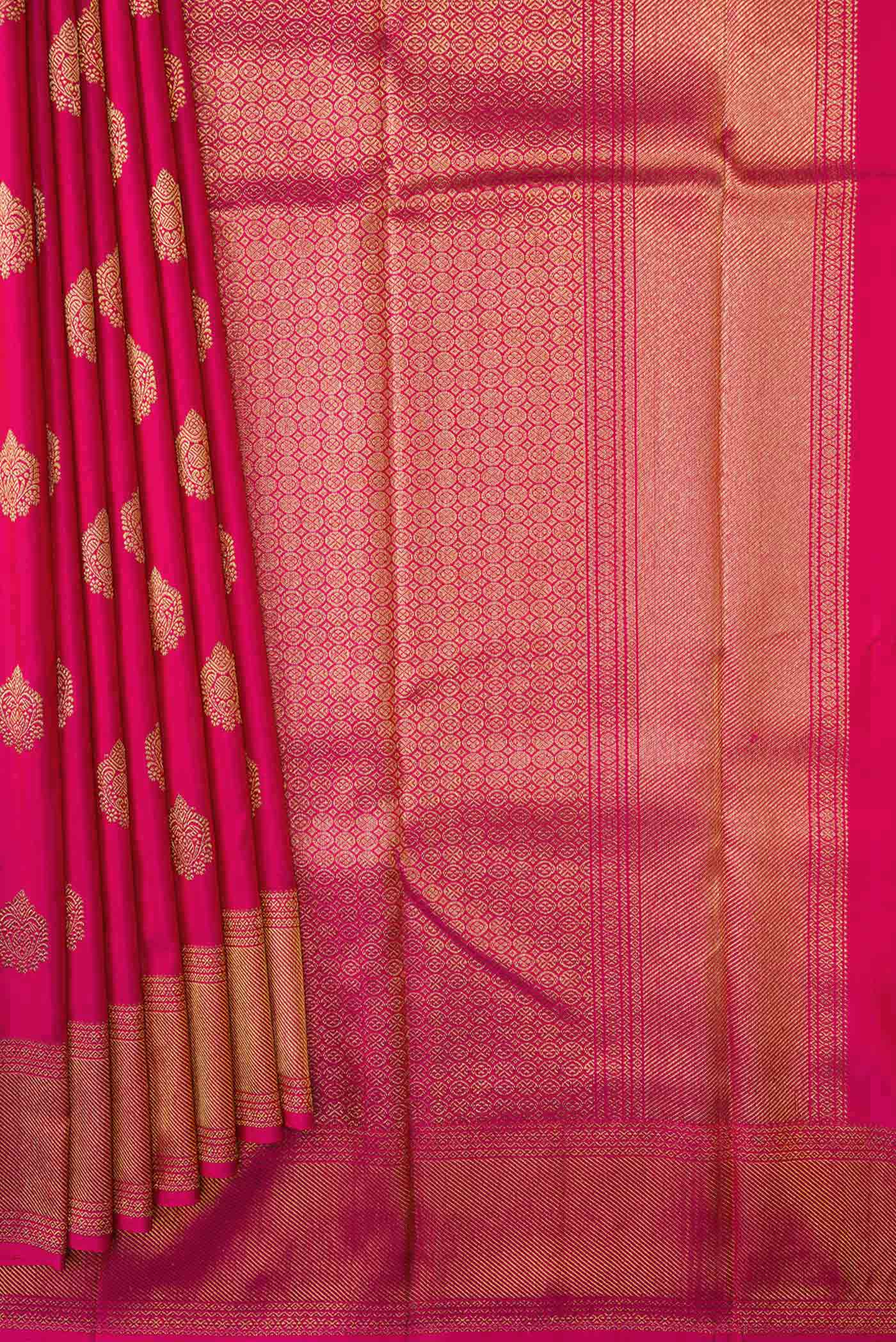 Pleats and pallu of Pure Silk Pure Zari Dark Pink Dual Tone Kanchipuram Saree with Zari Butta on the body and Zari Border