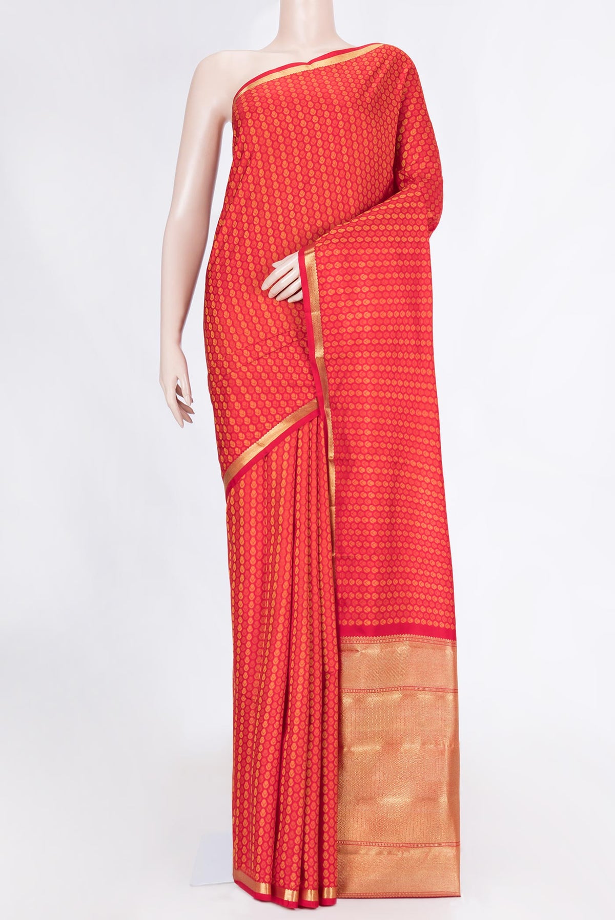 Pure Silk Pure Zari Red Dual Tone Kanchipuram Saree with Jacquard design on the body and Zari Border displayed on a mannequin