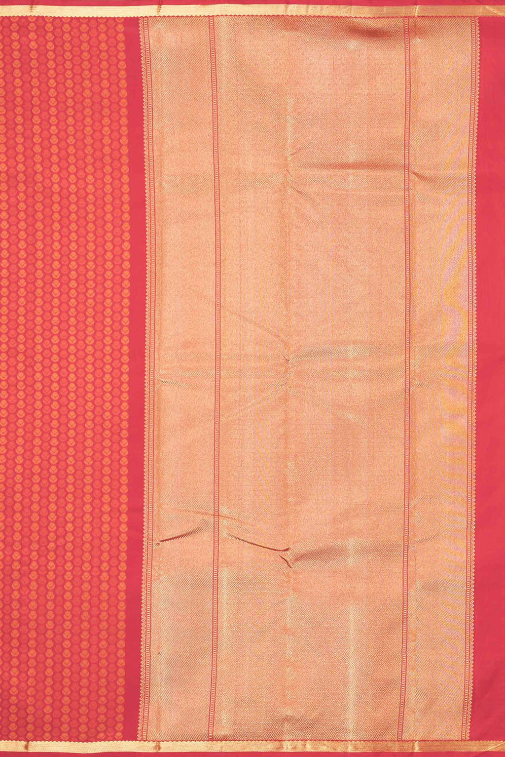 Close up image of the pallu of Pure Silk Pure Zari Red Dual Tone Kanchipuram Saree with Jacquard design on the body and Zari Border