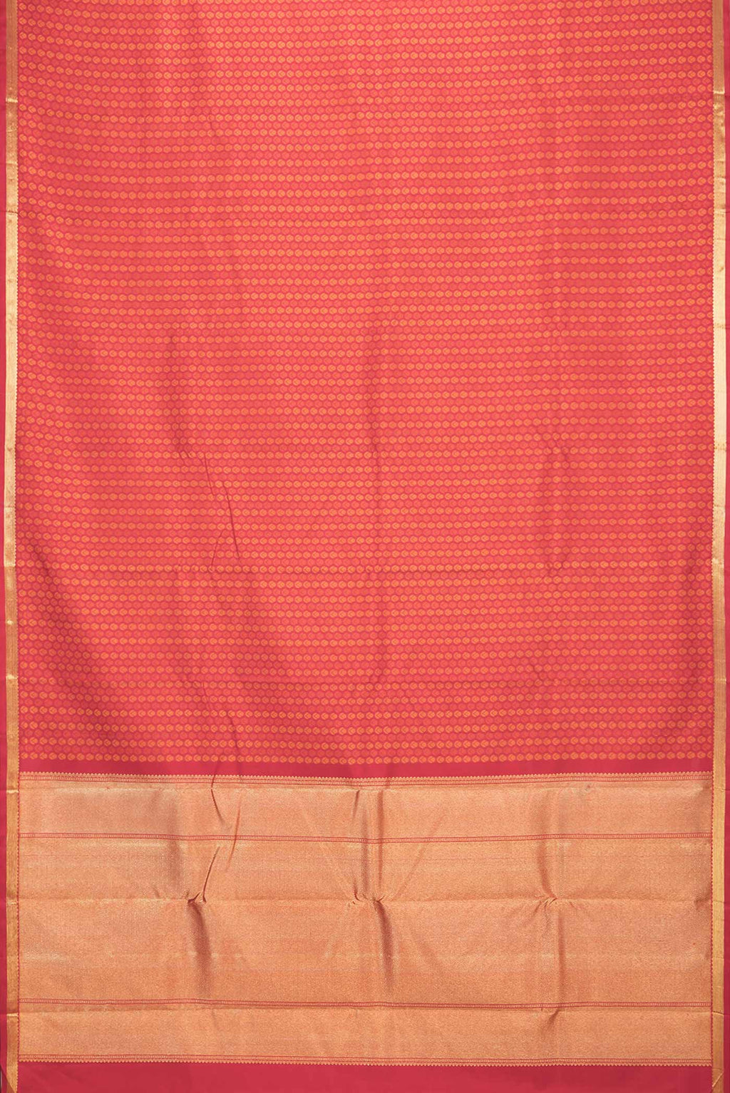 Flat view of Pure Silk Pure Zari Red Dual Tone Kanchipuram Saree with Jacquard design on the body and Zari Border