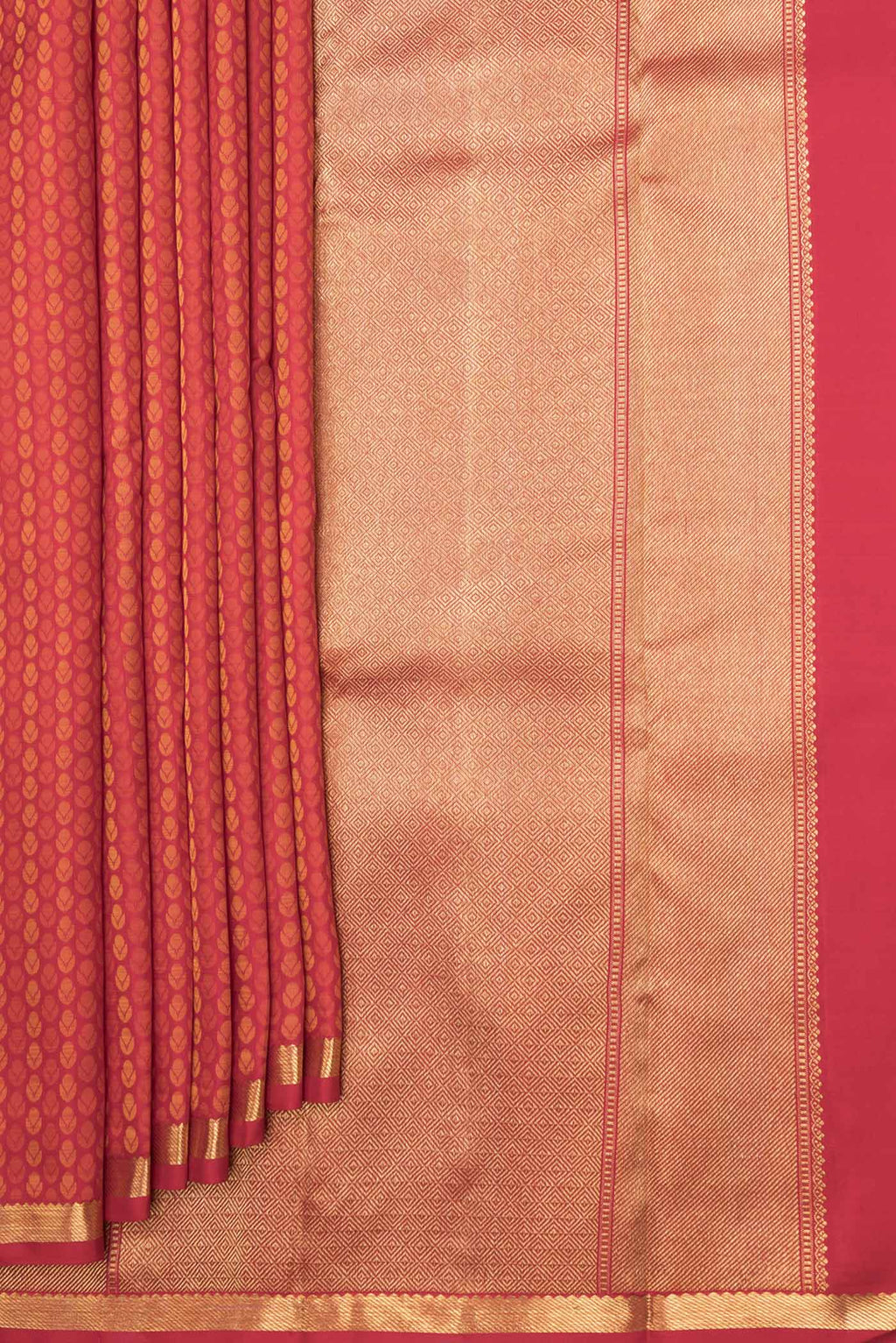 Pleats and pallu of Pure Silk Pure Zari Red Dual Tone Kanchipuram Saree with Jacquard design on the body and Zari Border