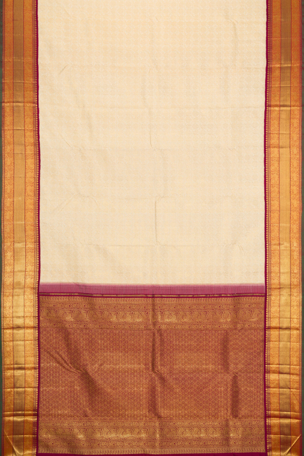 Flat view of Pure Silk Pure Zari Off White Dual Tone Kanjivaram Saree with Zari Brocade on the body and Zari Border. 