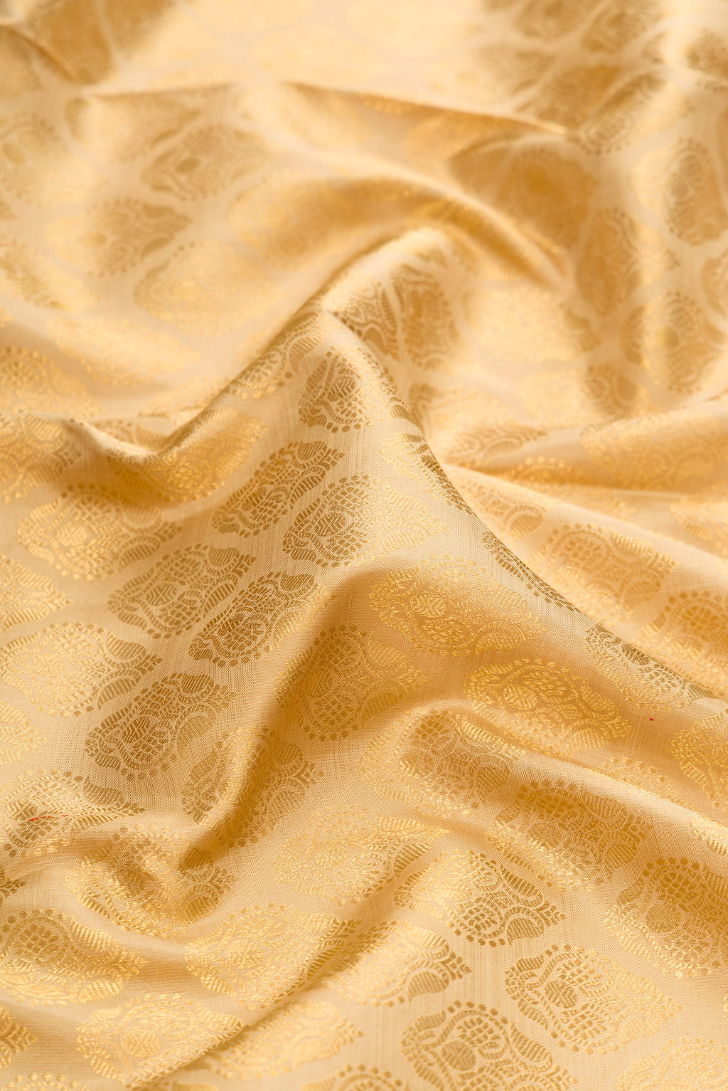 Close up of Pure Silk Pure Zari Beige Dual Tone Kanjivaram Saree with Zari Brocade on the body and Zari Border.  displaying folds