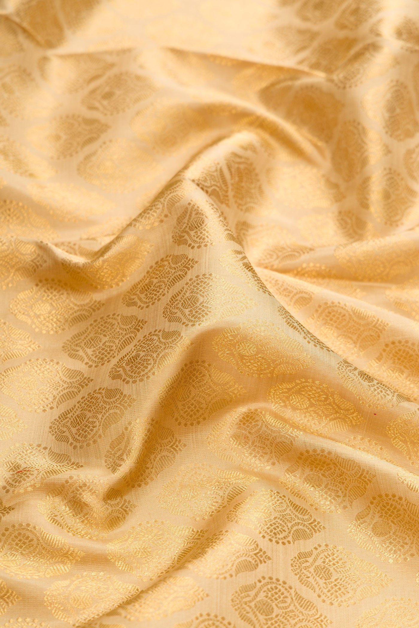 Close up of Pure Silk Pure Zari Beige Dual Tone Kanjivaram Saree with Zari Brocade on the body and Zari Border.  displaying folds