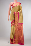Pure Silk Pure Zari Beige Dual Tone Kanjivaram Saree with Zari Brocade on the body and Zari Border.  displayed on a mannequin