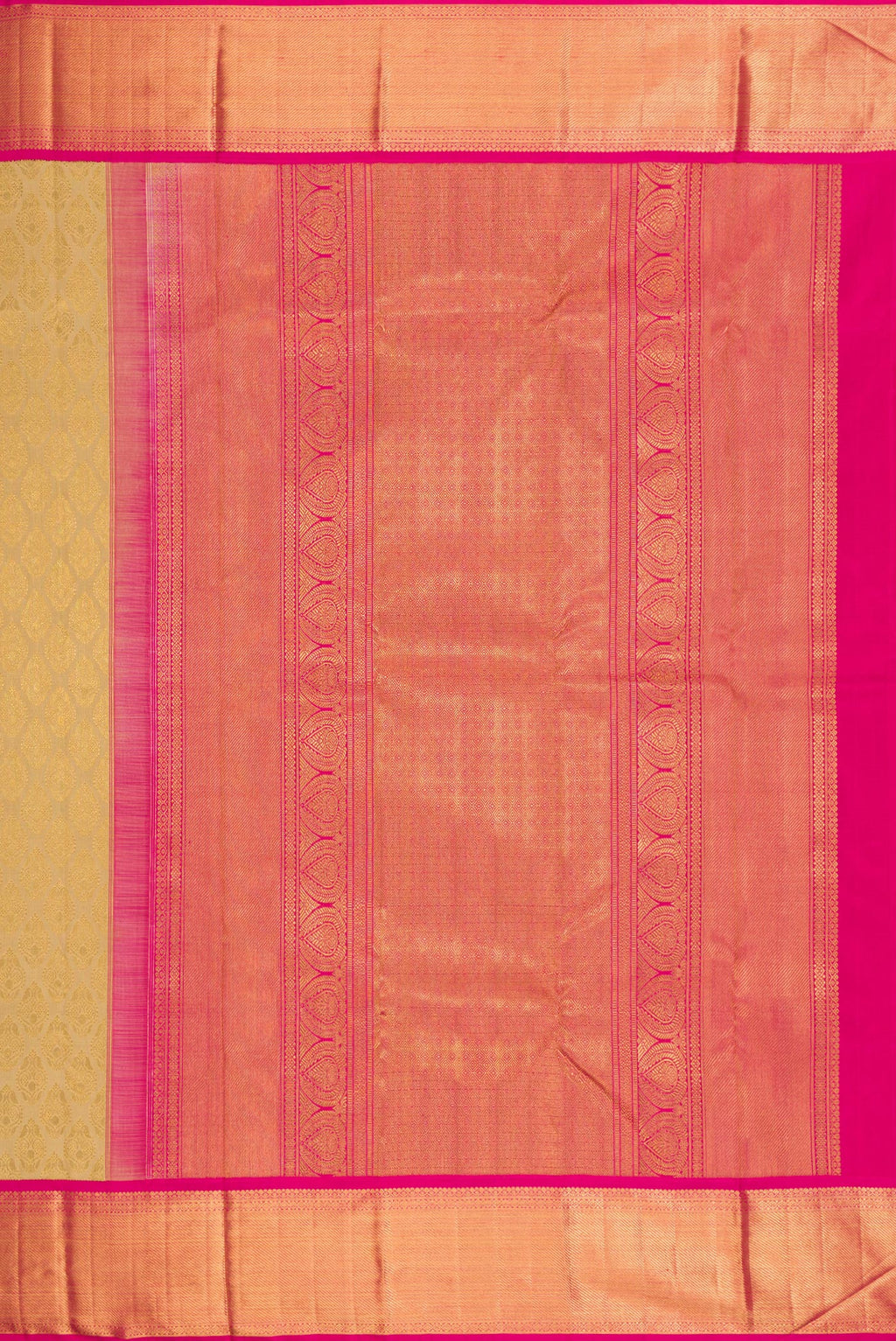 Close up image of the pallu of Pure Silk Pure Zari Beige Dual Tone Kanjivaram Saree with Zari Brocade on the body and Zari Border. 