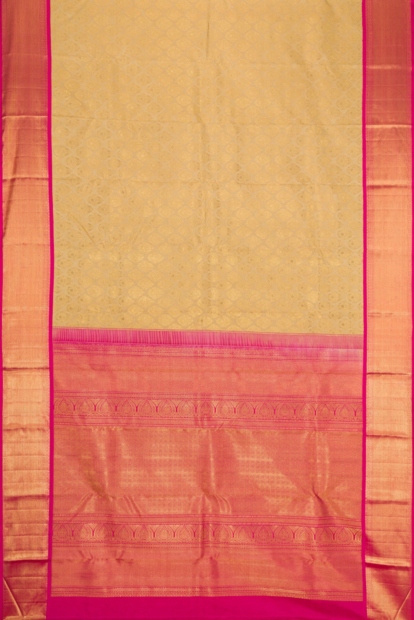 Flat view of Pure Silk Pure Zari Beige Dual Tone Kanjivaram Saree with Zari Brocade on the body and Zari Border. 