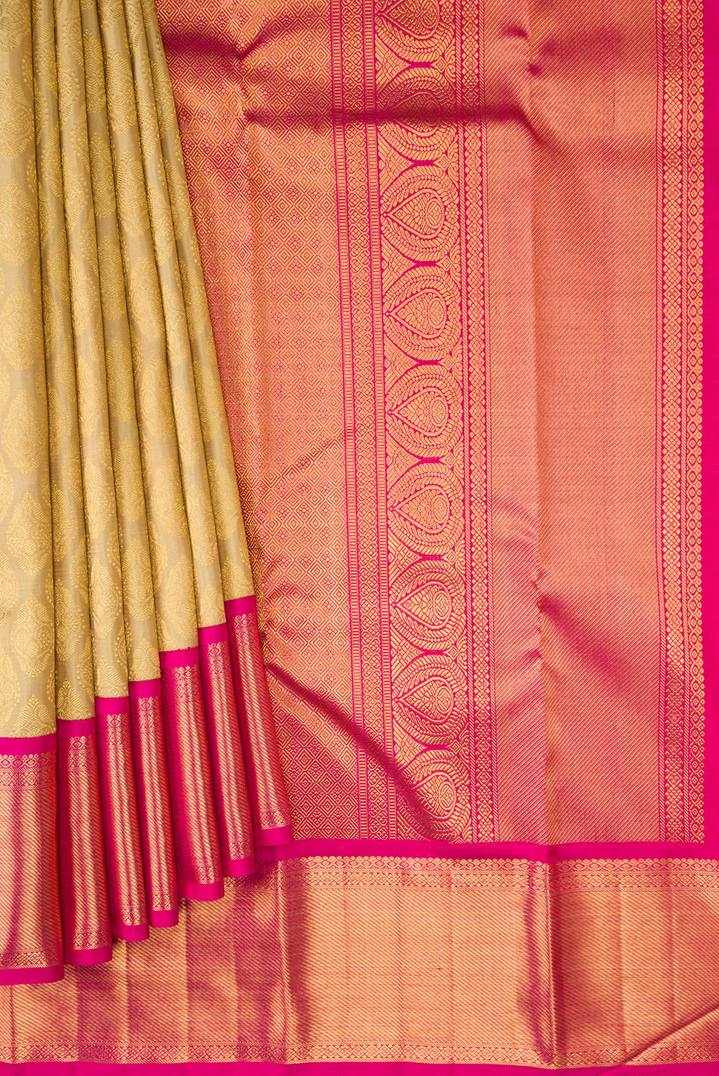 Pleats and pallu of Pure Silk Pure Zari Beige Dual Tone Kanjivaram Saree with Zari Brocade on the body and Zari Border. 