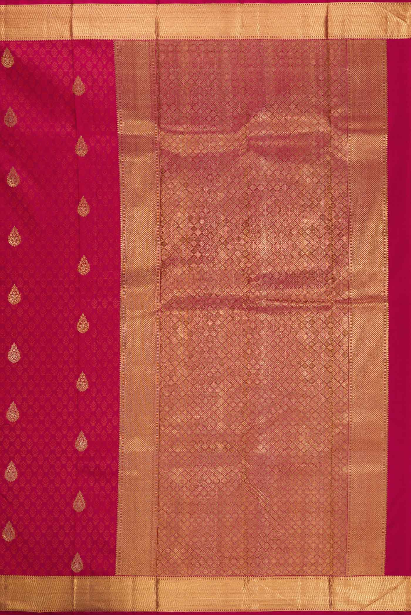 Close up image of the pallu of Pure Silk Pure Zari Maroon Dual Tone Kanchipuram Saree with Jacquard With Zari Butta on the body and Zari Border. 