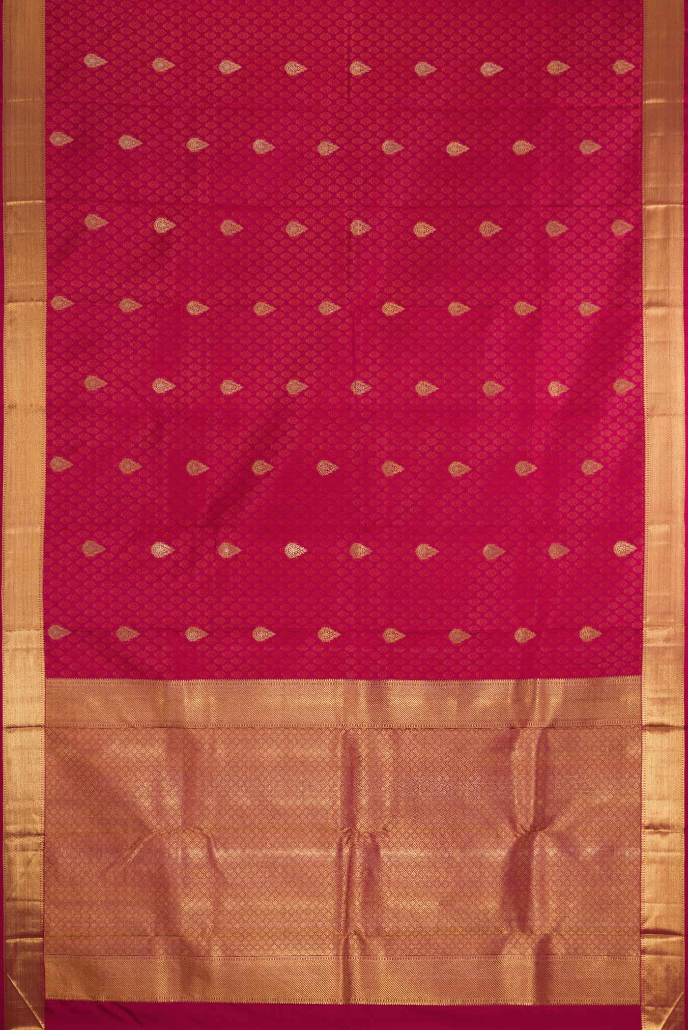 Flat view of Pure Silk Pure Zari Maroon Dual Tone Kanchipuram Saree with Jacquard With Zari Butta on the body and Zari Border. 