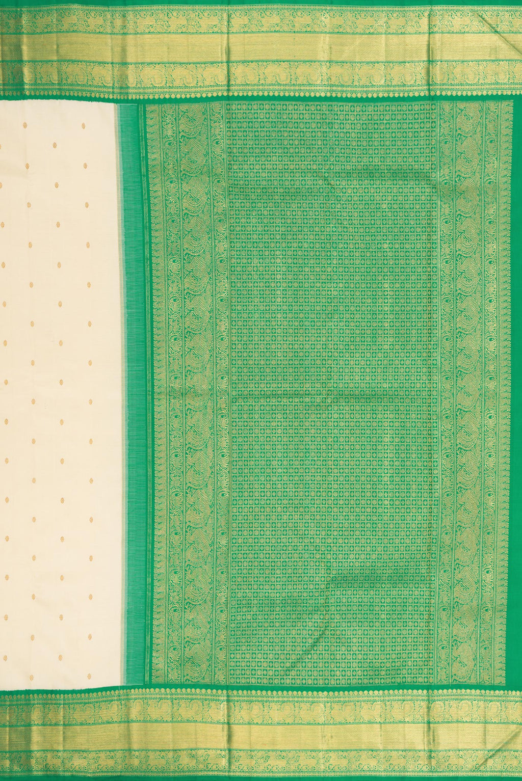 Close up image of the pallu of Pure Silk Pure Zari Off White Kanjivaram Saree with Zari Butta on the body and Zari Border. 