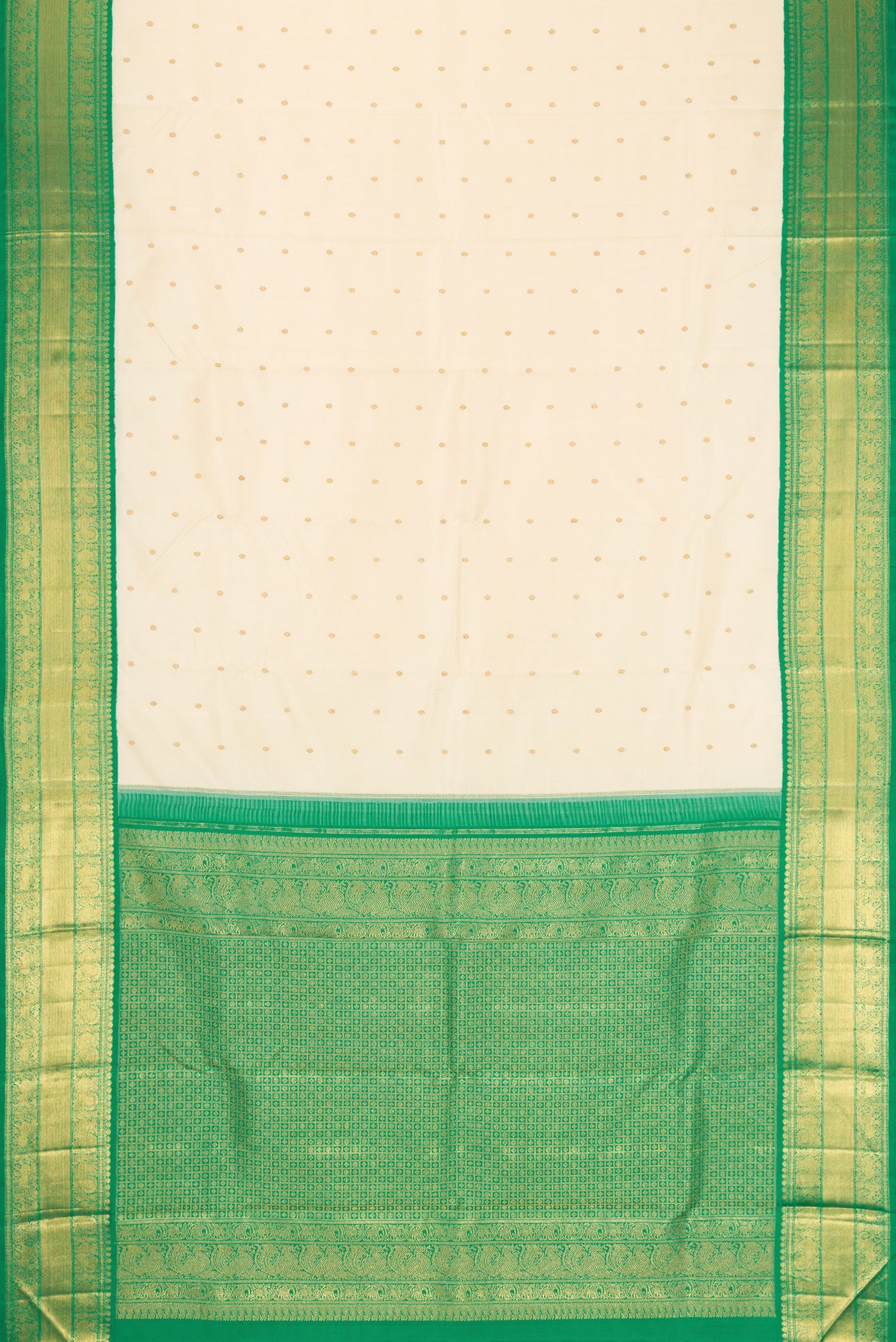 Flat view of Pure Silk Pure Zari Off White Kanjivaram Saree with Zari Butta on the body and Zari Border. 